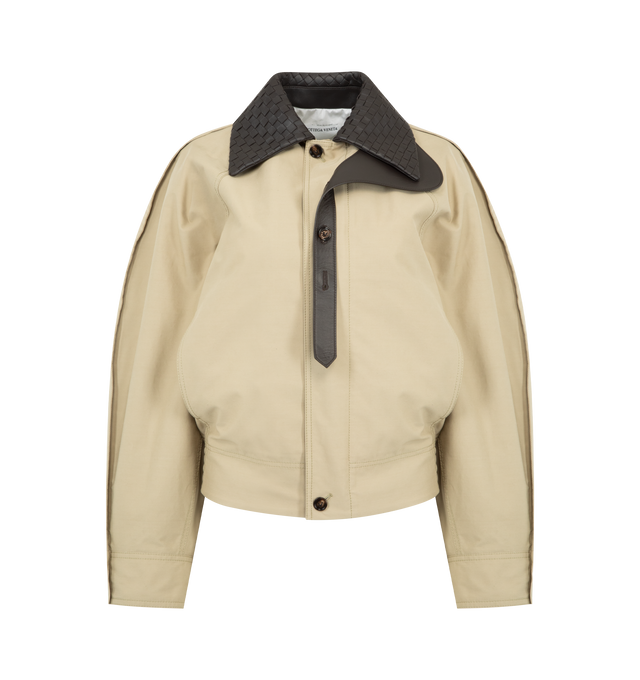 Image 1 of 4 - BROWN - BOTTEGA VENETA in lightweight cotton featuring water-repellent finish, an Intrecciato leather collar, detachable Intrecciato leather throat latch, zipper and button closure, fully lined and relaxed fit. 100% cotton. Made in Italy