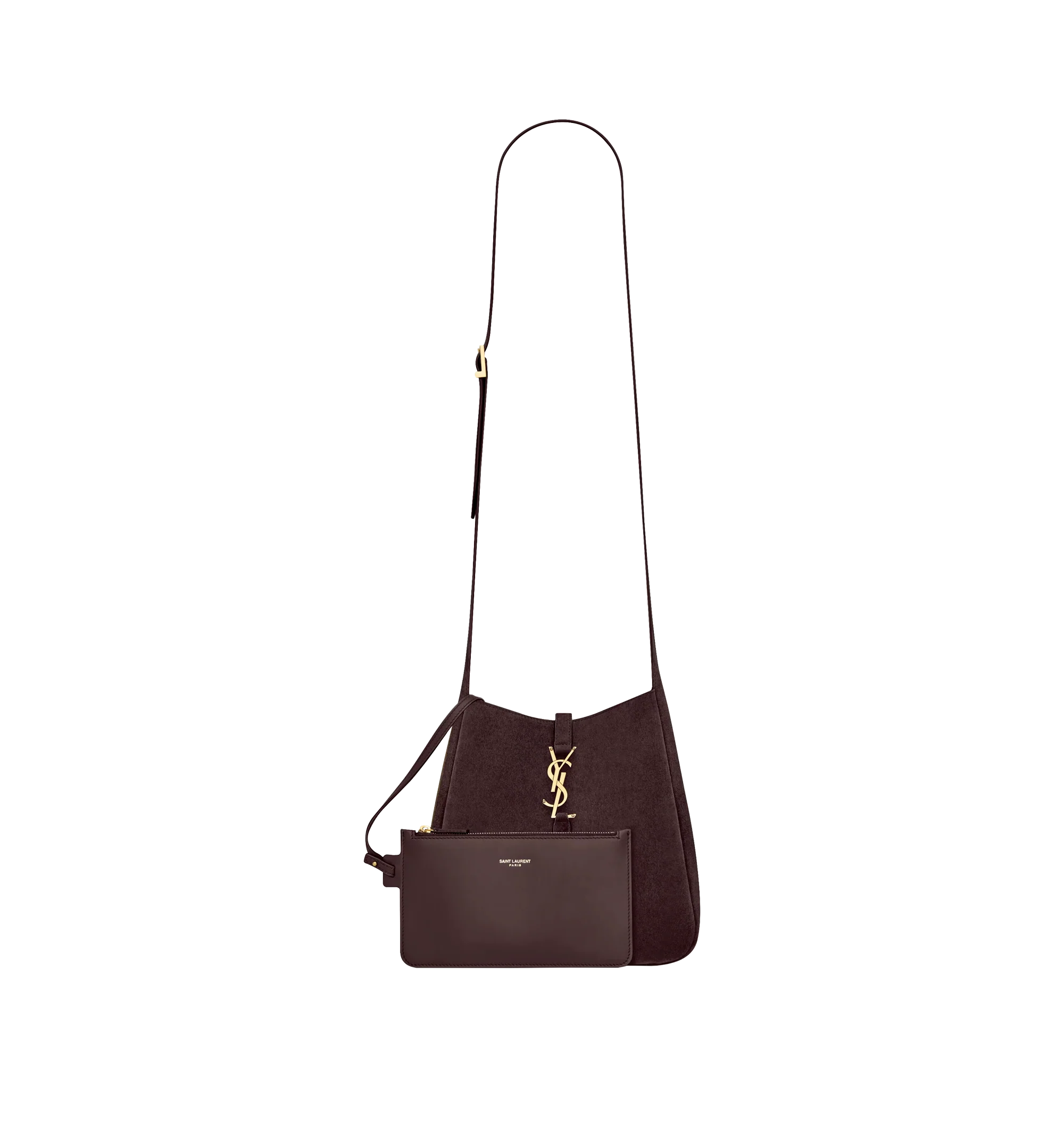 Image 2 of 5 - BROWN - Saint Laurent Women's Le 5  7 Supple Crossbody Bag is crafted from calfskin suede with a tonal suede lining. The spacious silhouette features bronze-tone hardware, a Cassandre hook closure, a removable zip pouch, and an adjustable strap for crossbody carry. Fits a large phone, wallet, sunglasses, and keys. Main Material: Calfskin Leather. Hardware: Brass. Dimensions: 22.5 x 23 x 8.5 cm / 8.9 x 9.1 x 3.3 in. Strap Drop: 50 cm / 19.7 in. Made in Italy. 
