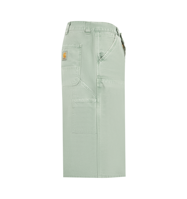 Image 3 of 3 - GREEN - Carhartt WIP Mens OG Double Knee Shorts are crafted from heavyweight Dearborn canvas with a distressed washed finish. Feature a wide fit with a regular waist, double-layer knees, tool pockets, hammer loop, triple stitching, bartack stitching and rivets at stress points, zip fly, and woven Square Label. Main Material: 100% Organic Cotton Canvas. Made in Tunisia. 