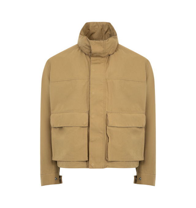 Image 1 of 4 - BROWN - LEMAIRE Short Rain Parka featuring water-repellent VENTILE cotton, boxy fit, lightweight unlined hooded model, high collar with drawstring, long sleeves with buttoned tabs, concealed zip and snap fastening, deep flap patch pockets, adjustable drawstrings at waist and VENTILE collaboration label inside. 100% cotton. Made in Romania.