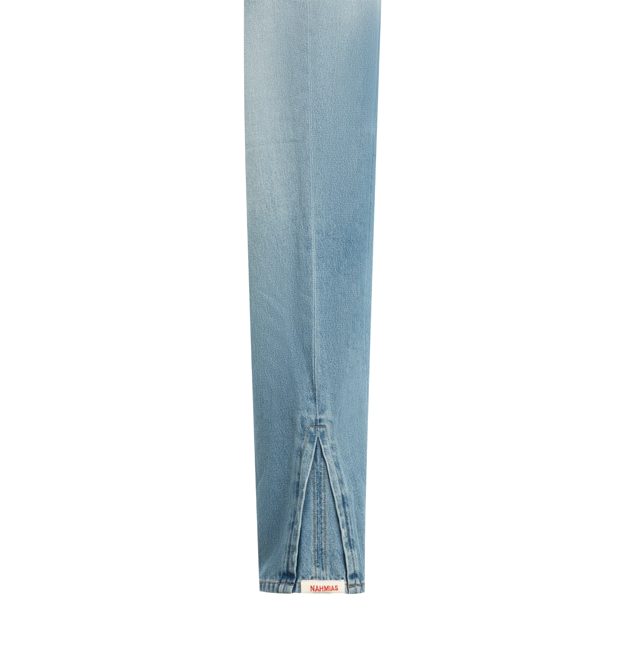 Image 4 of 4 - BLUE - Nahmias Men's Split Seam Straight Leg Jeans are crafted from 100% cotton denim and feature a classic straight-leg silhouette with distinctive split-seam detailing. Finished with a signature Summerland label at the split seam, these designer jeans reflect Nahmias' laid-back Los Angeles aesthetic with a contemporary approach to everyday denim. Main Material: 100% Cotton. Fit: Straight Leg. Detail: Summerland Label at Split Seam. Care: Machine Wash Cold. Designed in Los Angeles.