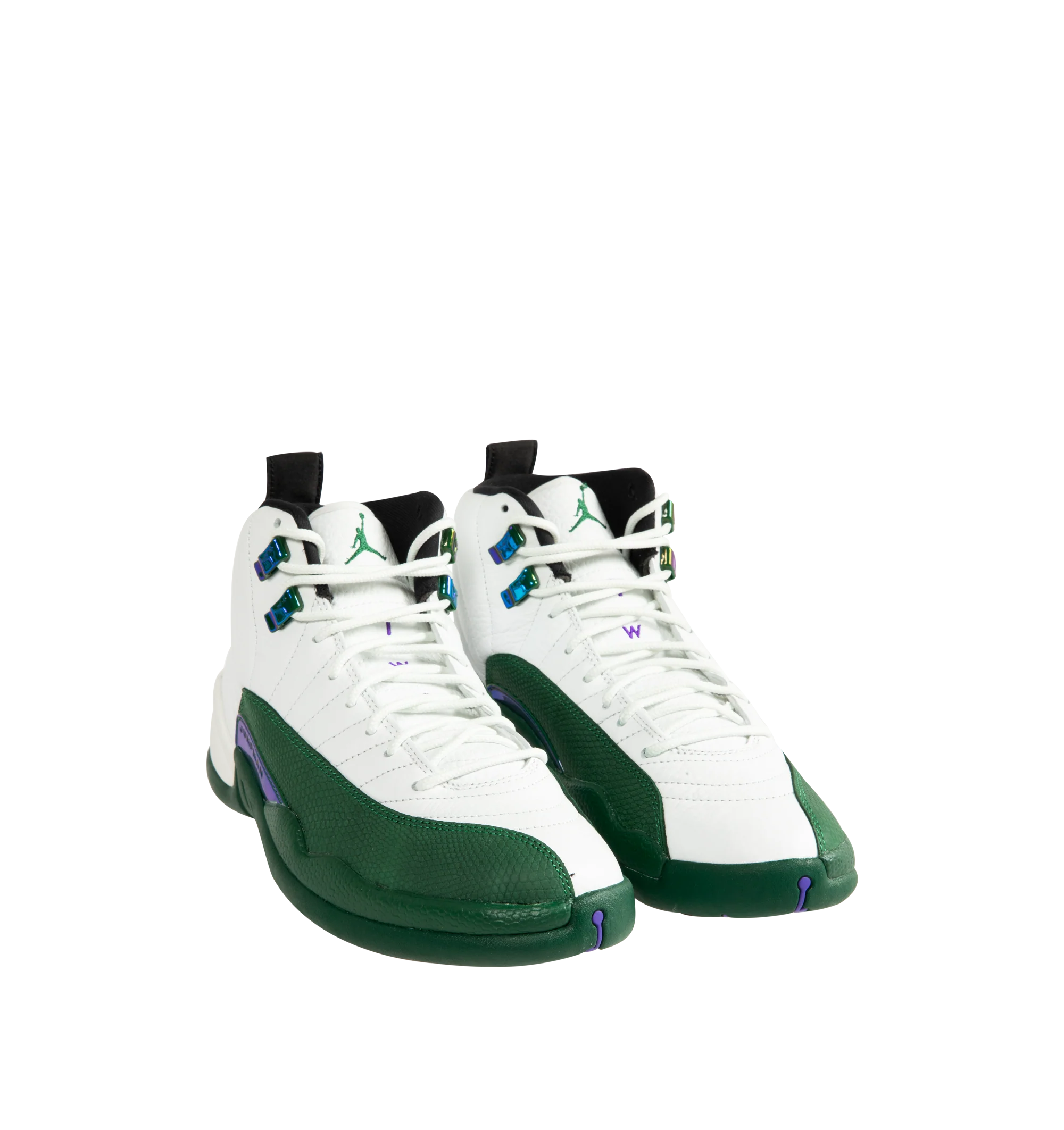 Image 2 of 5 - GREEN - Air Jordan 12 Retro 'Bucks' Sneakers are crafted from premium leather and feature a Summit White upper with sunrise-inspired stitch lines and Gorge Green overlays inspired by early-2000s player exclusives. Designed with a classic basketball silhouette, they are finished with Jumpman branding, Air Zoom cushioning, and a durable rubber outsole for comfort and performance. Main Material: Leather. Cushioning: Full-length Air Zoom. Sole: Rubber. Made for men.
