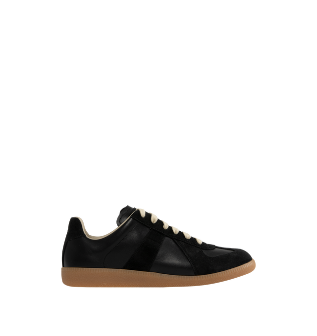 Image 1 of 5 - BLACK - Maison Margiela High Quality Luxury Sneakers featuring lace-up sneakers in buffed nappa calfskin and calfskin suede, contrasting sole, Maison Margiela logo label on the tab, internal High Quality Luxury label, internal elastic and all-over Maison Margiela logo insole. 100% calf leather. Sole: 100% rubber. Made in Italy.