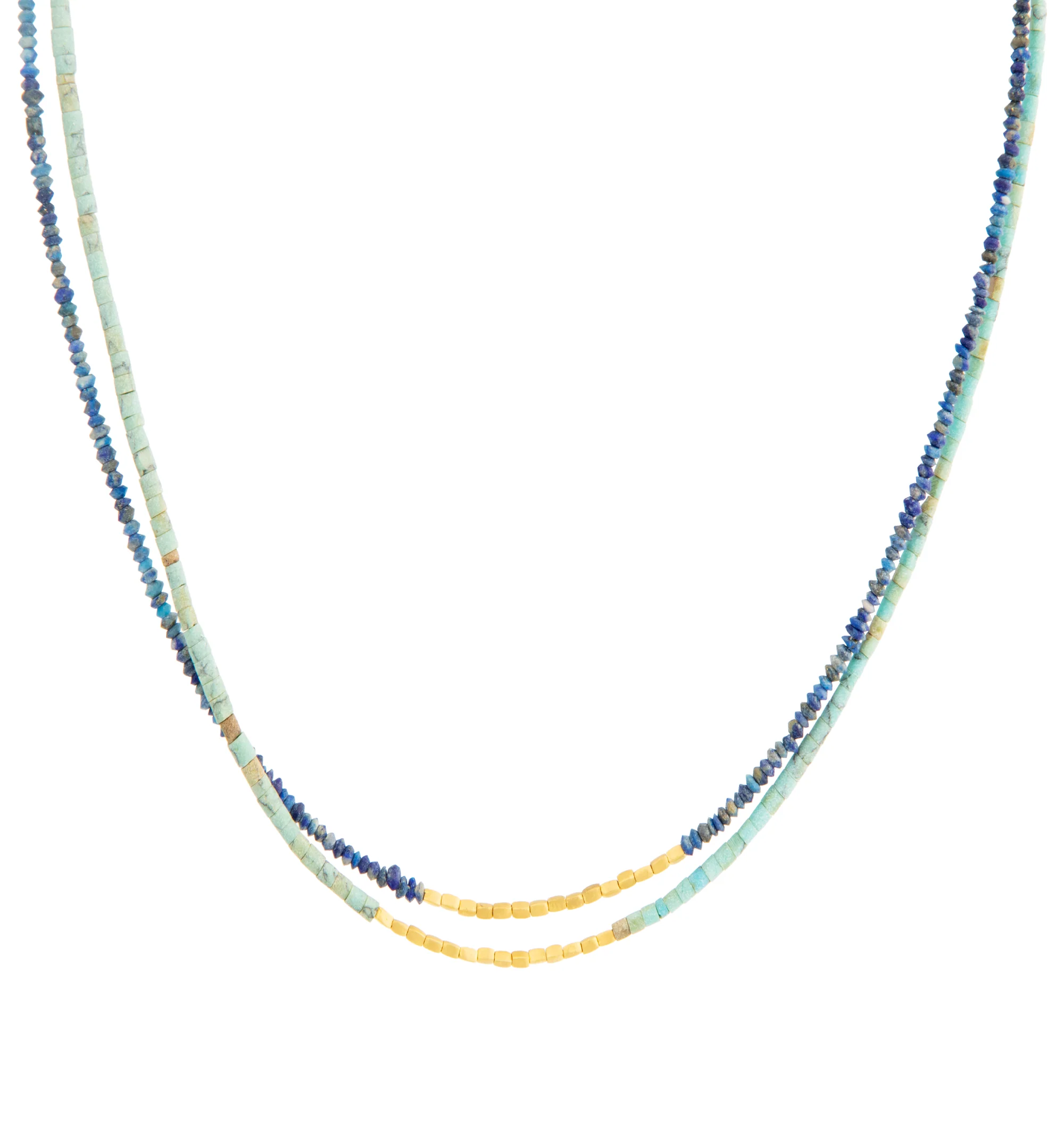 Image 1 of 1 - BLUE - Eli Halili Double Strand Turquoise and Lapis Lazuli Beaded Necklace is handcrafted with two strands of vibrant turquoise and lapis lazuli beads accented by gold square beads for a rich contrast of color and texture. Finished with a gold closure, this fine jewelry necklace reflects Eli Halili's signature artisanal approach to natural stones and high-karat gold. Beads: Turquoise and Lapis Lazuli. Details: Gold Square Beads. Closure: Gold. Length: 18 in.For personal consultation and detai