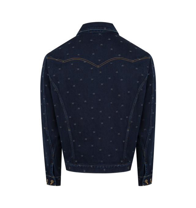 Image 2 of 3 - BLUE - NEEDLES Jean Jacket featuring 13oz denim jacquard, rigid denim fabric, classic collar, button closure on front, symmetrical patch flap pockets on front and sleeve cuffs with button closure. 100% cotton.