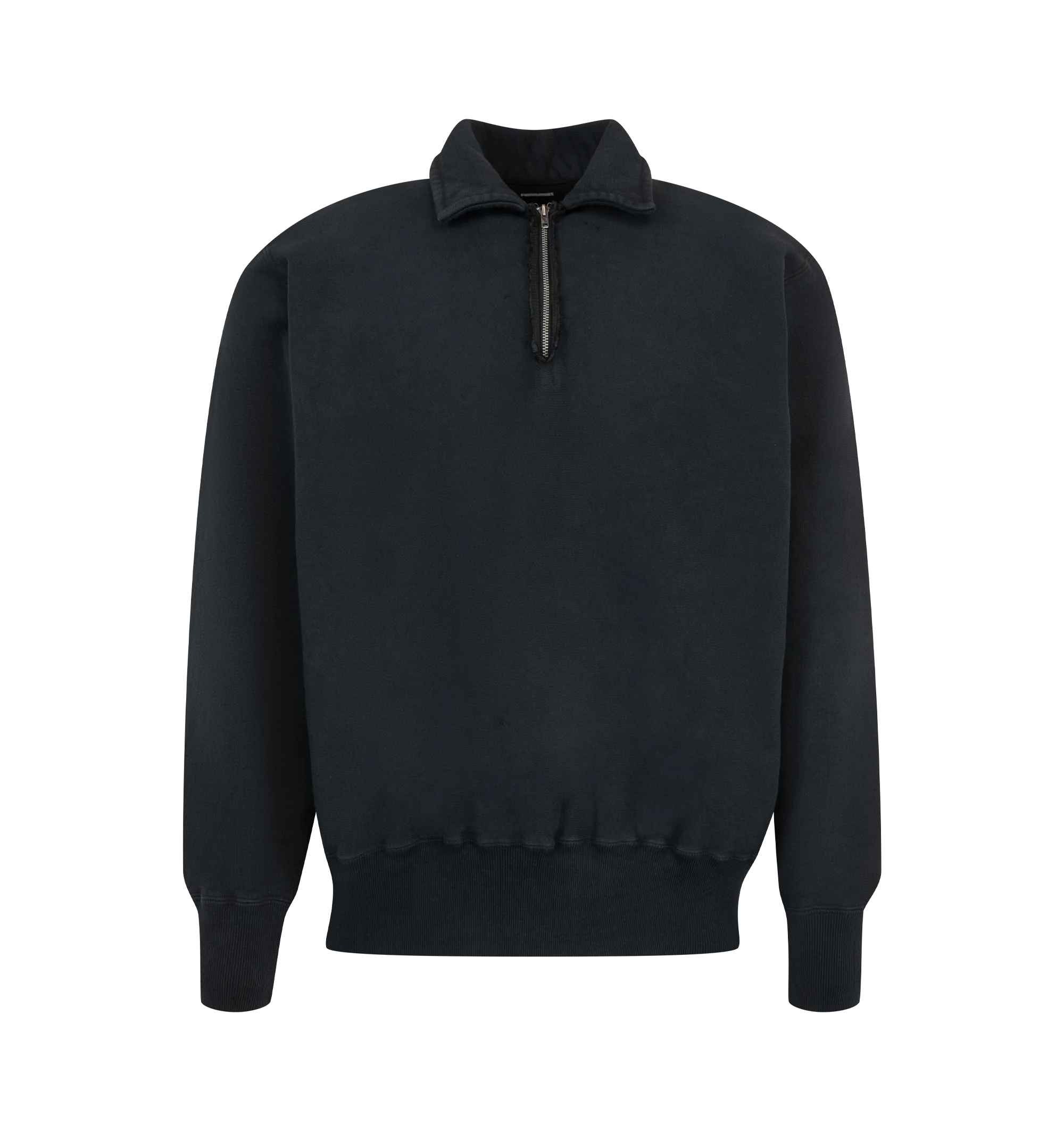 Image 1 of 2 - NAVY - A.Presse Men's Vintage Half-Zip Sweatshirt features a clean, minimalist silhouette designed for versatile layering or standalone wear. The half-zip neckline with pointed collar completes this understated casual style. Material: 100% Cotton. Made in Japan.