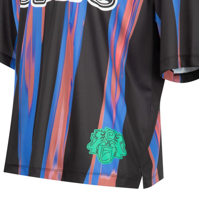 Image 3 of 3 - MULTI - LE PERE FC Amado Kit Shirt featuring oversized fit, football style, boxy shape, dropped shoulders, exaggerated silhouette contrasted with a cropped length, contrast ribbed collar and short sleeves. 100% polyester. 