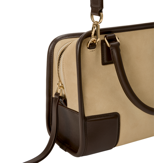 Image 17 of 17 - BROWN - LOEWE Small Amazona 180 Bag in suede featuring a relaxed silhouette anchored by a single toron top handle, designed to be carried open, while a concealed closure secures the main compartment, three carry options: short handle, removable shoulder strap and crossbody, zip closure with two leather zip pullers, two compartments, main compartment closed with magnetic closure, internal flat pocket, left side d-ring for customization, suede and nappa lambskin lining, embossed LOEWE and emb