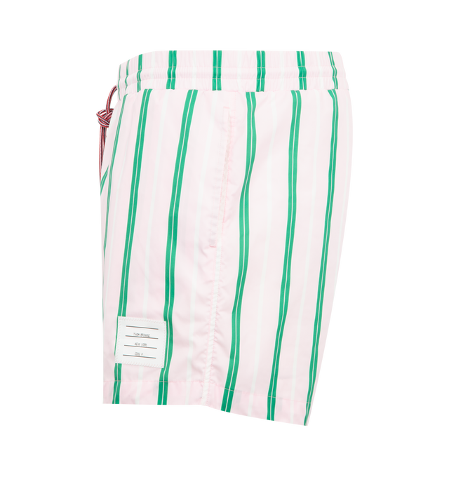 Image 3 of 3 - PINK - THOM BROWNE Repp Stripe Swim Short featuring drawstring waistband, back flap pocket, name tag applique and signature striped grosgrain loop tab. 100% polyester. Made in Italy.