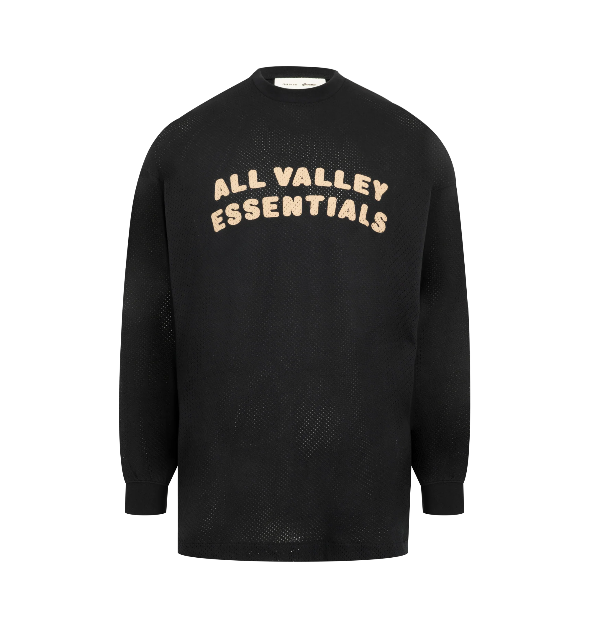 Image 1 of 2 - BLACK - Fear of God Essentials Mens Sport Mesh Merch Long Sleeve Tee is crafted from cotton sport mesh. Features a boxy relaxed fit, ribbed crew neckline, dropped shoulders, ribbed cuffs, enzyme-washed finish, crackle-printed All Valley Essentials graphic at the front, crackle-printed "26" graphic at the back, and an Essentials signature label at the back collar. Main Material: 100% Cotton Sport Mesh.