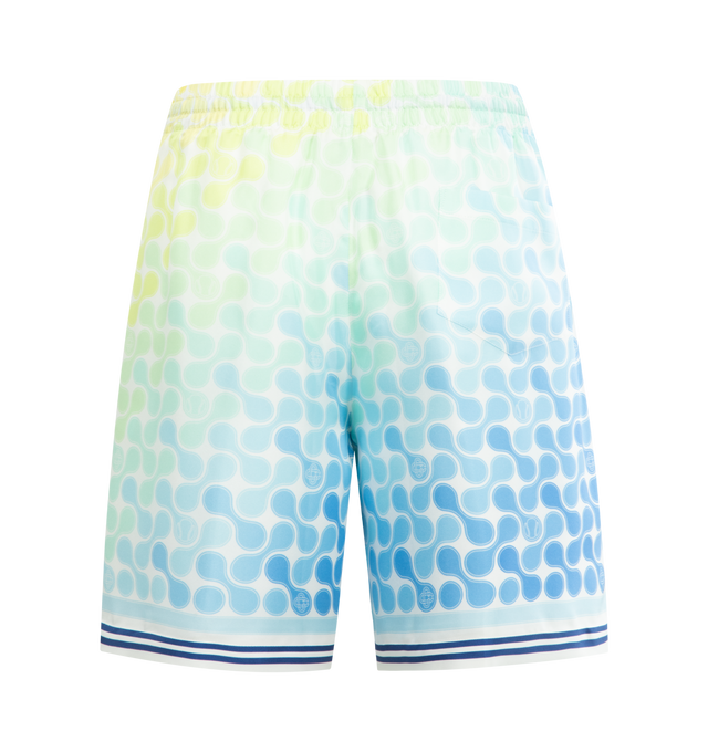 Image 2 of 3 - BLUE - CASABLANCA Tennis Tile Silk Shorts featuring print throughout, drawstring waistband, side on-seam pockets and back patch pocket. 100% silk. Made in Italy.