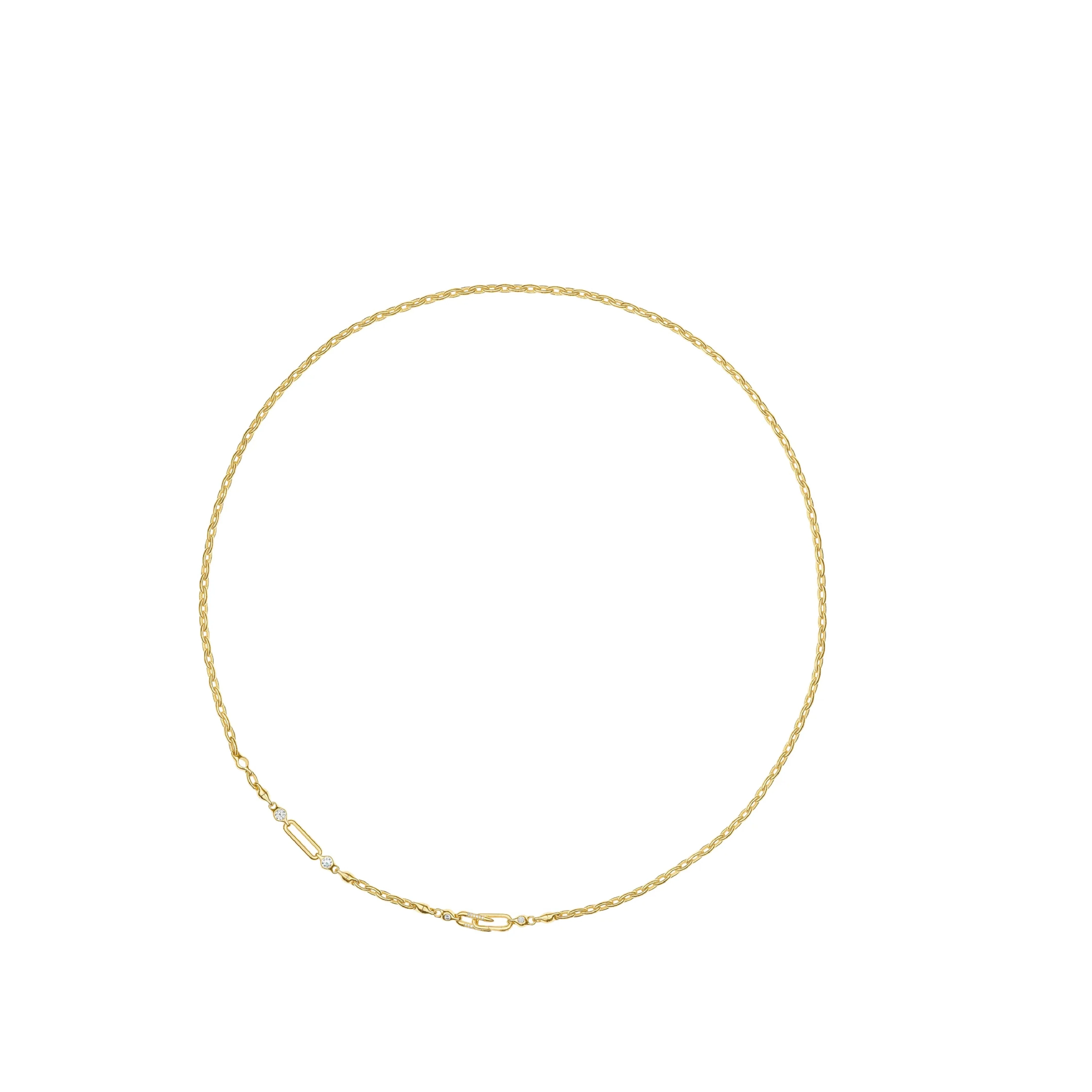 Image 3 of 3 - GOLD - Uniform Object Hinge Necklace featuring 80 g of solid 18K yellow gold with 1.00 TCW 5 mm round diamonds, 0.78 TCW round diamonds, and a 0.23 TCW round diamond-encrusted spur (2.25 TCW). Length: 36". Handcrafted in New York City. Cheap Luxury Handbag Shop offers a range of pieces from this collection in-store. For personal consultation and detailed information about jewelry, please contact our dedicated stylist team at personalshopping@hirshleifers.com.