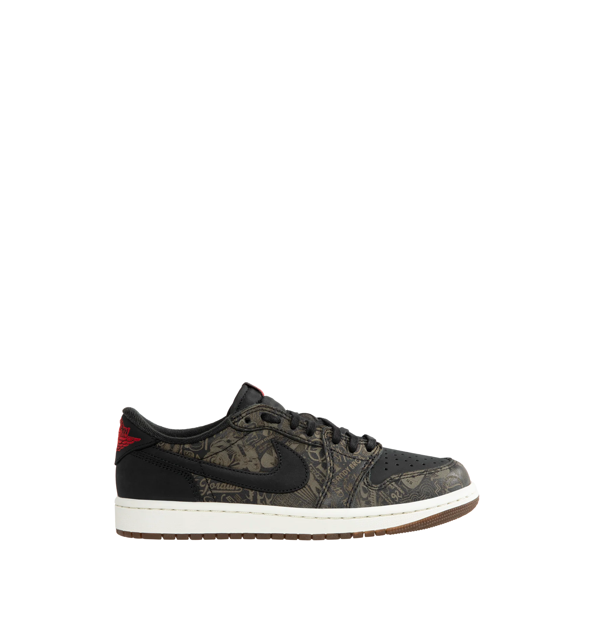 Image 1 of 5 - MULTI - Jordan Men's Air Jordan 1 Low OG "Laser" Sneakers feature a genuine leather upper in Black, Summit White, and Varsity Red. Inspired by the original 1985 silhouette, the low-top design is finished with a foam midsole, encapsulated Air-Sole cushioning, and a solid rubber outsole for durable traction. Upper: Genuine Leather. Midsole: Foam. Sole: Rubber.