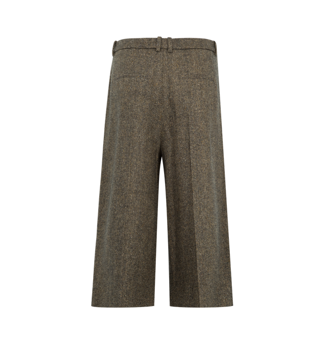 Image 2 of 3 - BROWN - Saint Laurent women's mid-rise tailored culotte shorts featuring a wide leg with center crease and single pleat. Crafted from certified wool featuring front button closure with zip fly, two slash pockets at the front, two welt pockets at the back and waistband with belt loops. Made in Italy.