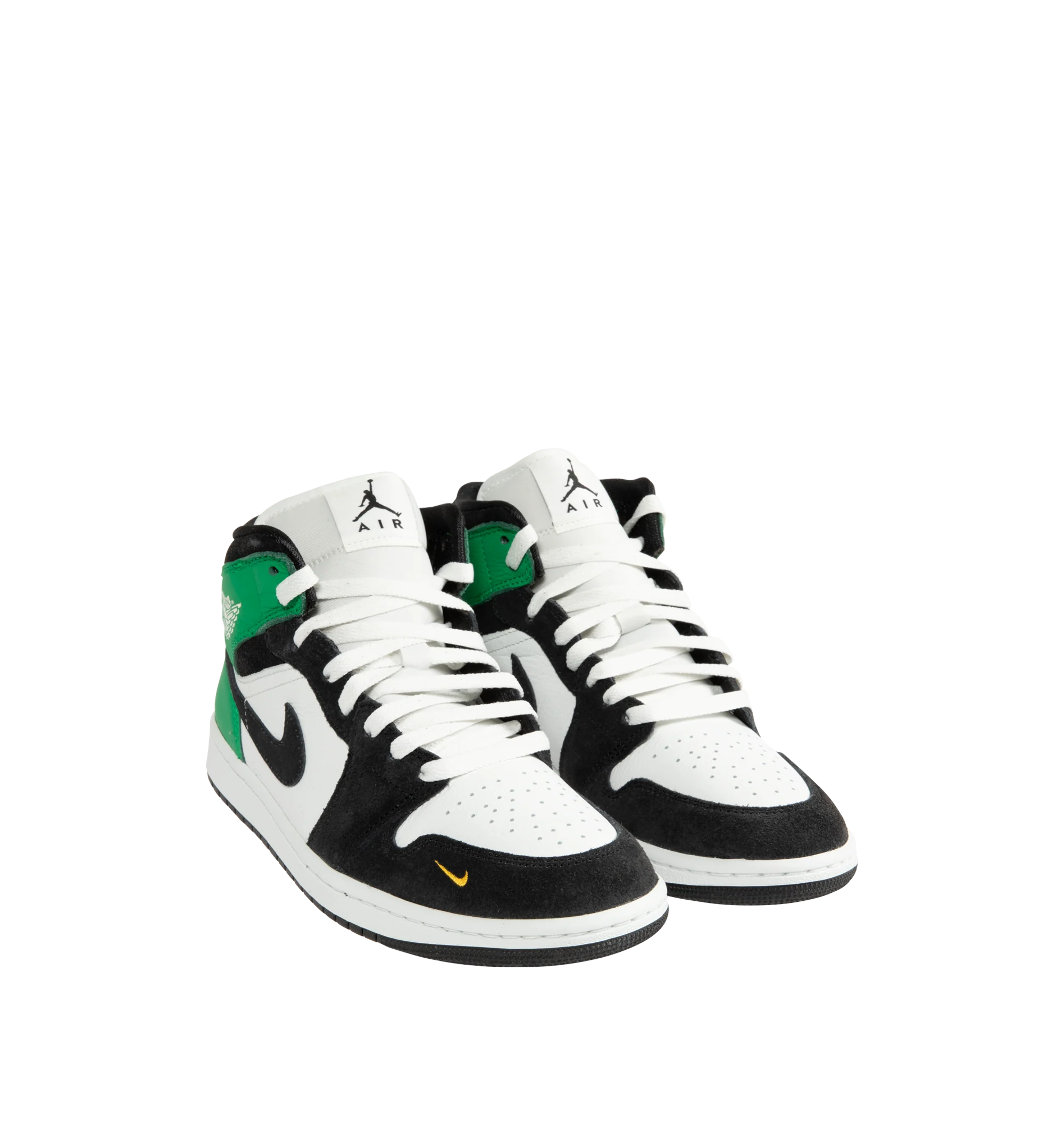 Image 2 of 5 - GREEN - Men's Air Jordan 1 Mid SE Sneakers feature a genuine leather upper with the iconic mid-top silhouette, signature Wings branding, and a stitched Swoosh for a timeless heritage look. These lifestyle sneakers combine encapsulated Air-Sole cushioning, a padded collar, and a durable rubber outsole for lightweight comfort, lasting support, and reliable traction. Main Material: Genuine Leather. Midsole: Encapsulated Air-Sole Unit. Sole: Rubber.