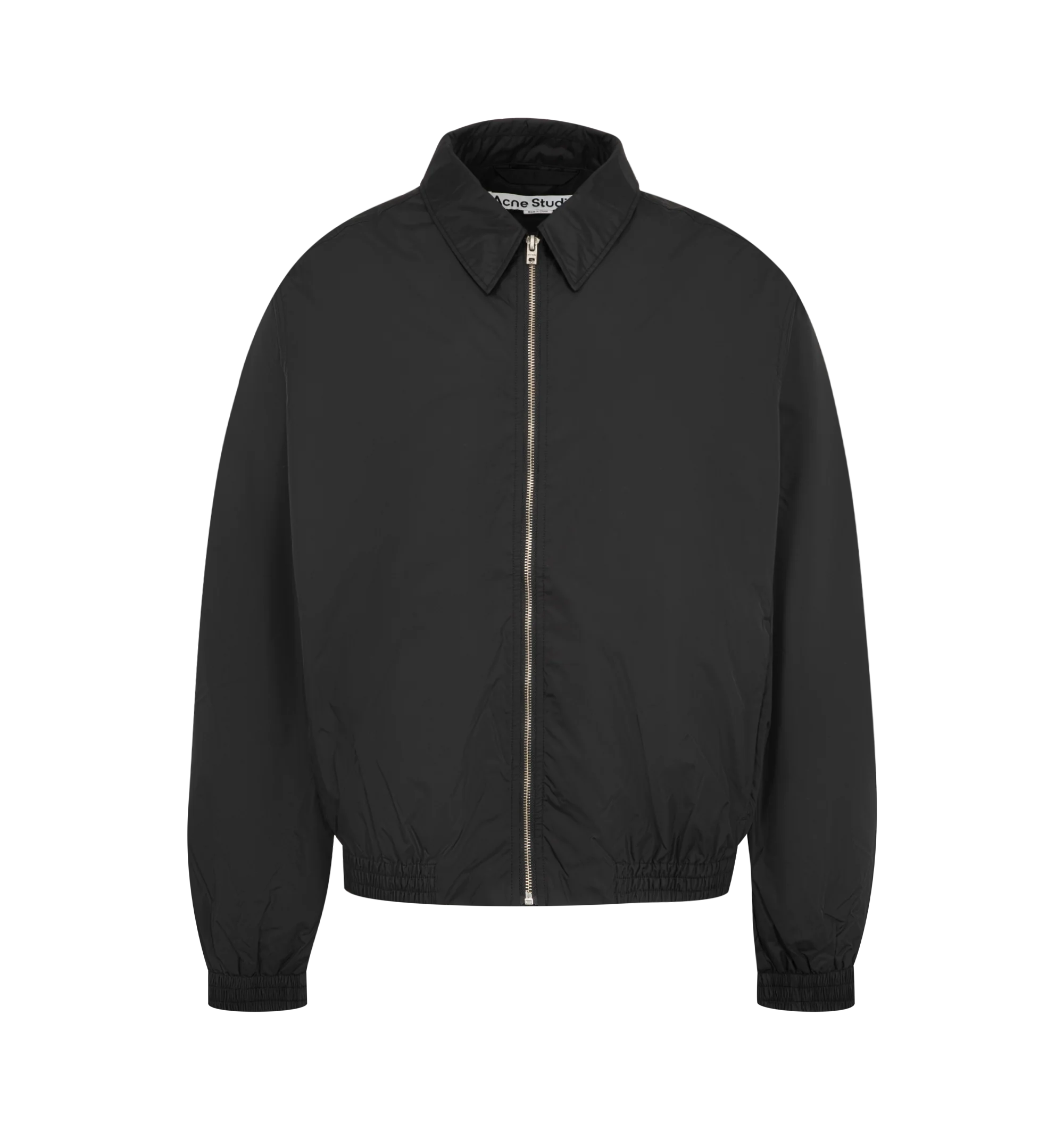 Image 1 of 3 - BLACK - Acne Studios Mens Nylon Jacket is crafted from lightweight recycled nylon with a semi-shiny finish. Features a regular fit, below-waist silhouette, pointed collar, front zip closure, side-seam pockets, elasticized cuffs and hem, full lining, and Acne Studios 1996 logo at the back. Main Material: 100% Nylon; Lining: 55% Polyester, 45% Viscose. Made with recycled nylon and recycled polyester/FSC-certified viscose lining. Made in Portugal.