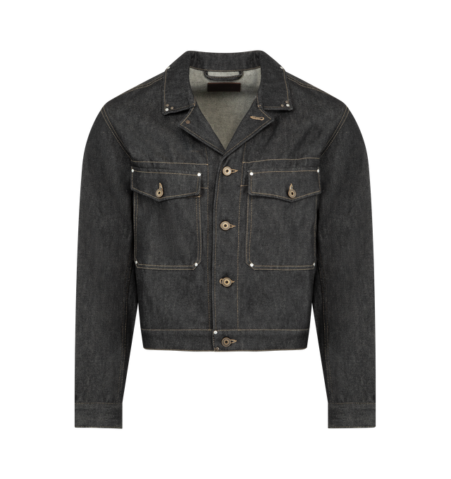 Image 1 of 3 - GREY - LEMAIRE Trucker Jacket with Studs in thick slate denim featuring straight cut, spread collar, button closure, long sleeves, buttoned cuffs, patch chest pockets with flaps, rivet details and LEMAIRE embossed leather patch at back. 100% cotton. Made in Italy.