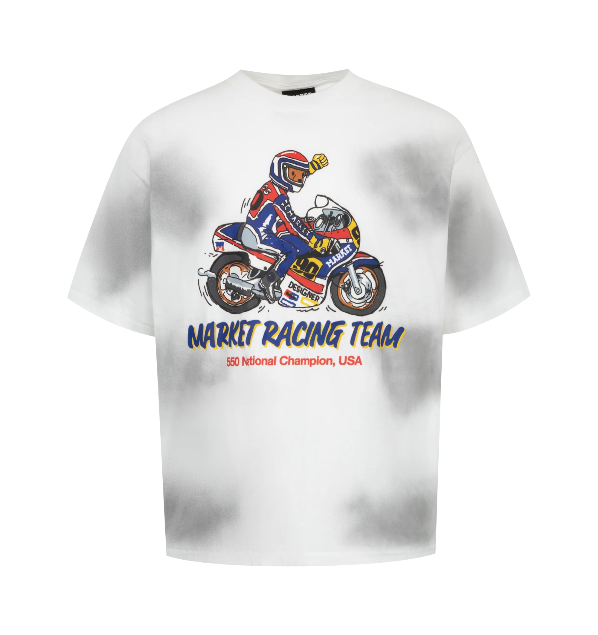 Image 1 of 2 - WHITE - Market Men's Bear on a Bike T-Shirt is crafted from premium cotton and features a classic crew neckline, short sleeves, and signature Bear on a Bike graphic artwork for a playful, streetwear-inspired look. This designer graphic T-shirt combines exceptional everyday comfort with Market's bold contemporary aesthetic, creating an effortless statement piece for casual styling. Main Material: 100% Cotton.