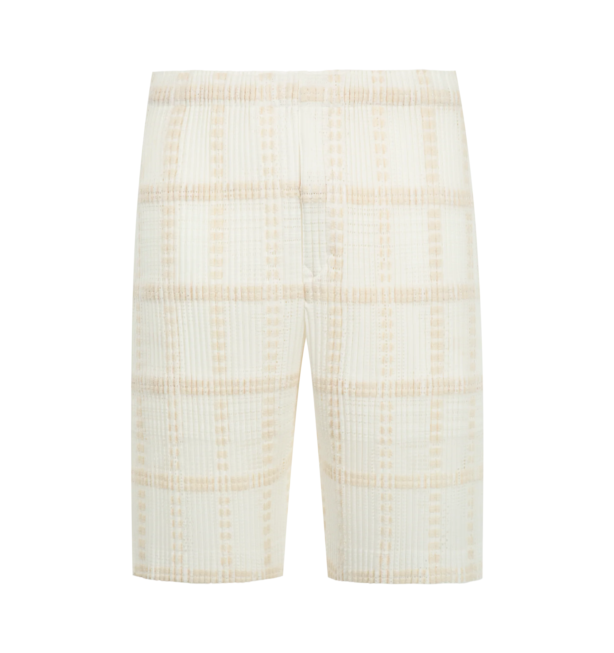 Image 1 of 3 - WHITE - Issey Miyake Men's Lace Grid Pleats Pants are crafted from a lightweight polyester and cotton blend and feature the house's signature pleated construction with a distinctive grid-inspired texture. Designed with an elasticated drawstring waistband for an adjustable fit, these designer pants are finished with a button-fly front and functional side pockets, combining innovative textile design with everyday comfort. Main Material: 75% Polyester, 25% Cotton. Waist: Elasticated with Drawstr