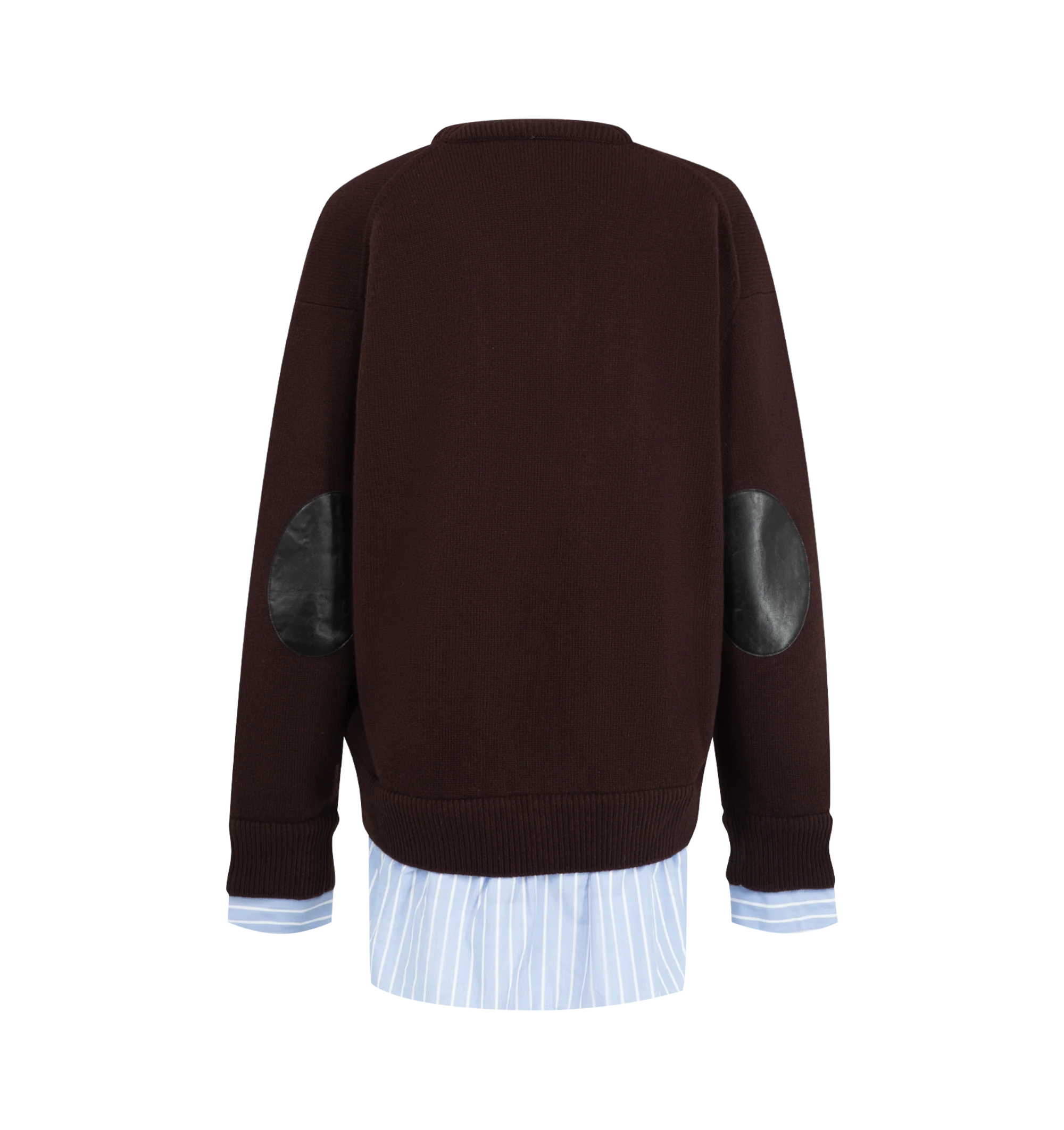 Image 2 of 2 - BROWN - Acne Studios Women's Layered Wool Sweater is crafted from wool and features a distinctive 3D V-neckline with layered shirting details at the cuffs and hem. Cut to a regular fit with a below-waist length, the sweater is finished with tonal leather elbow patches and embroidered Acne Studios initials above the hem, blending classic tailoring influences with the brand's contemporary aesthetic. Main Material: 100% Wool. Contrast: 100% Cotton. Fit: Regular Fit. Length: Below-Waist. Neckline
