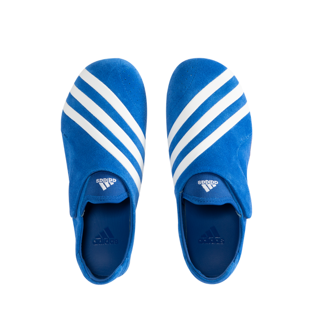 Image 5 of 5 - BLUE - Adidas Mens Pharrell Williams Vario Sneakers are crafted from suede leather. Features a low-profile silhouette, flexible foot-wrap construction, leather and textile lining, EVA foam insole, and thin rubber outsole. Upper: Suede Leather; Lining: Leather and Textile; Insole: EVA Foam; Outsole: Rubber. Made in Vietnam.