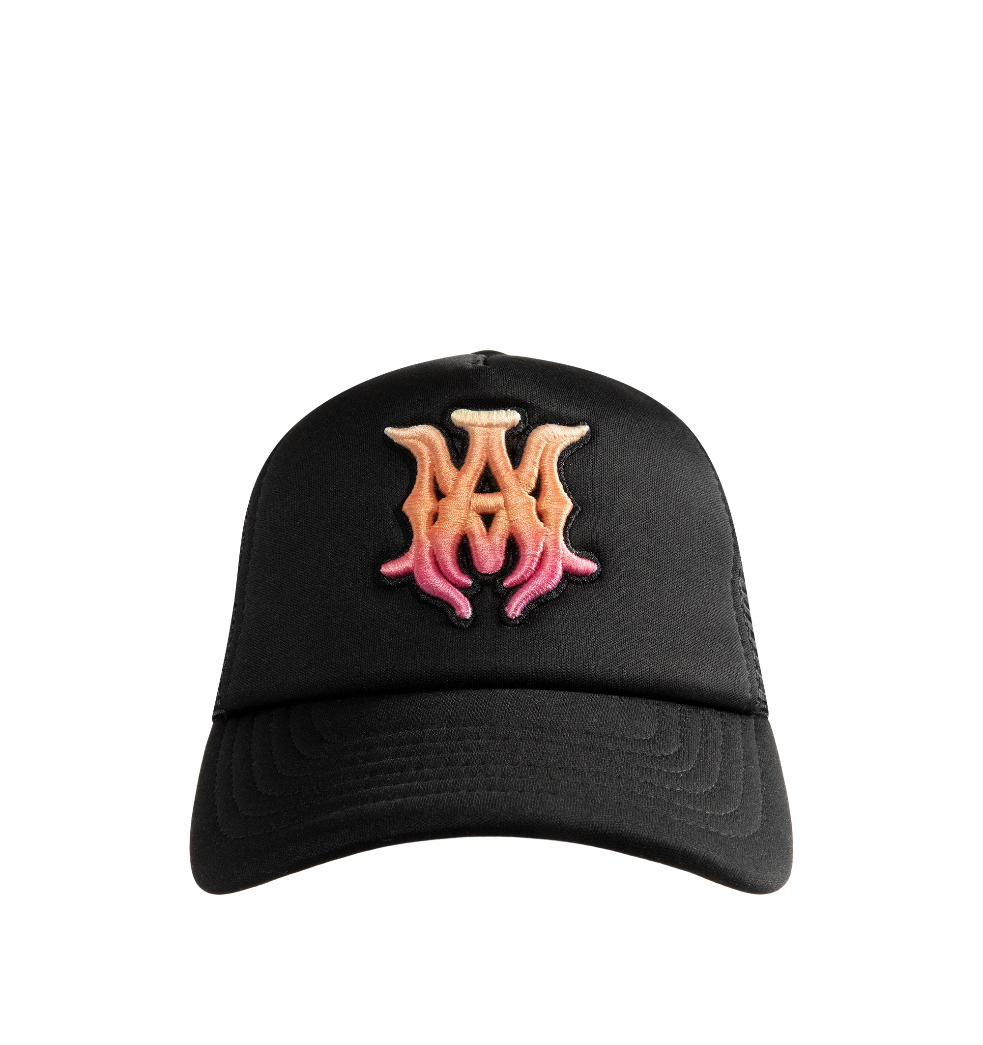 Image 1 of 2 - BLACK - Amiri Mens MA Surf Foam Trucker Hat is crafted from polyester foam. Features embroidered MA logo, curved brim, embroidered eyelets, mesh back panels, and adjustable double snapback closure. Main Material: 100% Polyester. Made in USA.