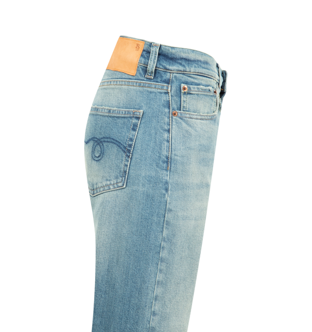 Image 3 of 3 - BLUE - R13 Cuffed Romeo Jeans featuring stretch selvedge denim jeans, fading, whiskering, and distressing throughout, straight-leg, belt loops, five-pocket styling, zip fly, rolled cuffs, leather logo patch at back waistband and logo-engraved antiqued gold-tone hardware. 98% cotton, 2% elastane. Made in Italy.