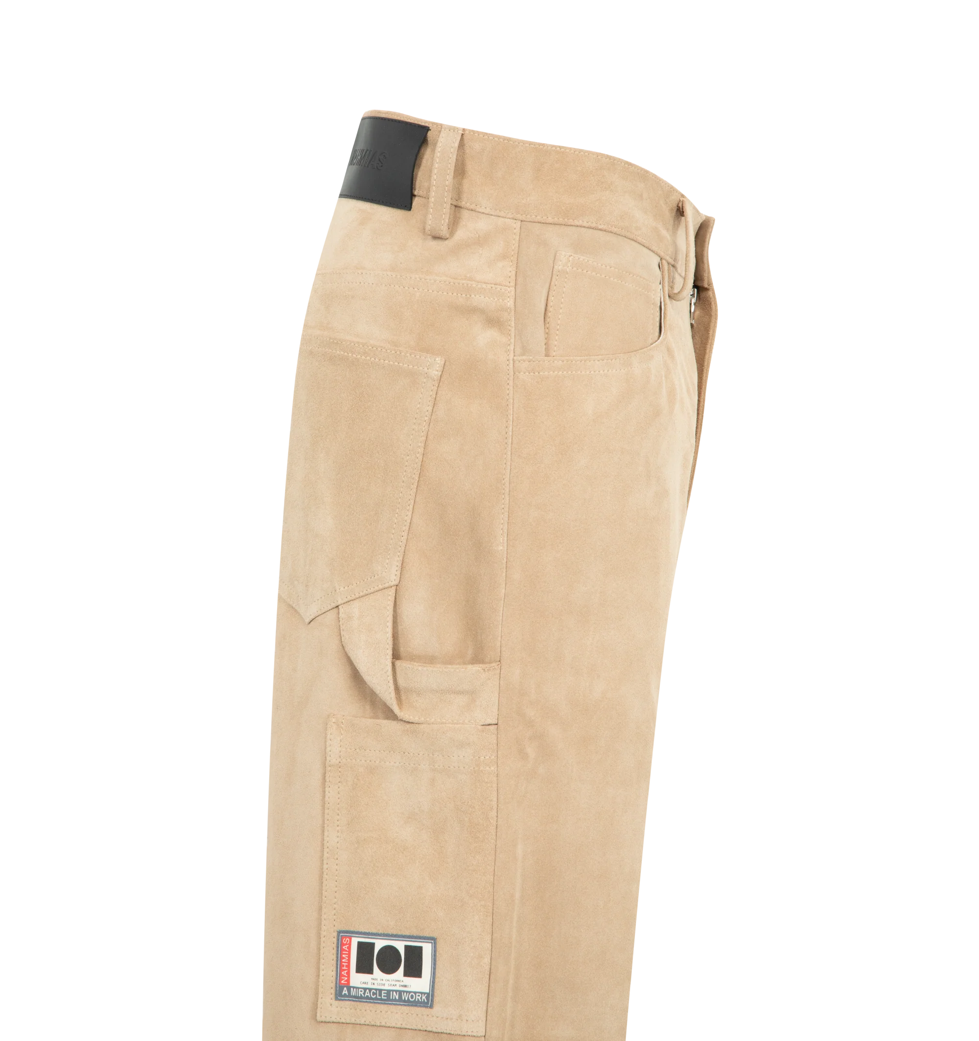 Image 5 of 5 - BROWN - NAHMIAS Suede Baggy Carpenter Pant featuring button zip closure, belt loops at waist, 5 pocket style with carpenter pocket at outseam and hammer loop. 100% leather.