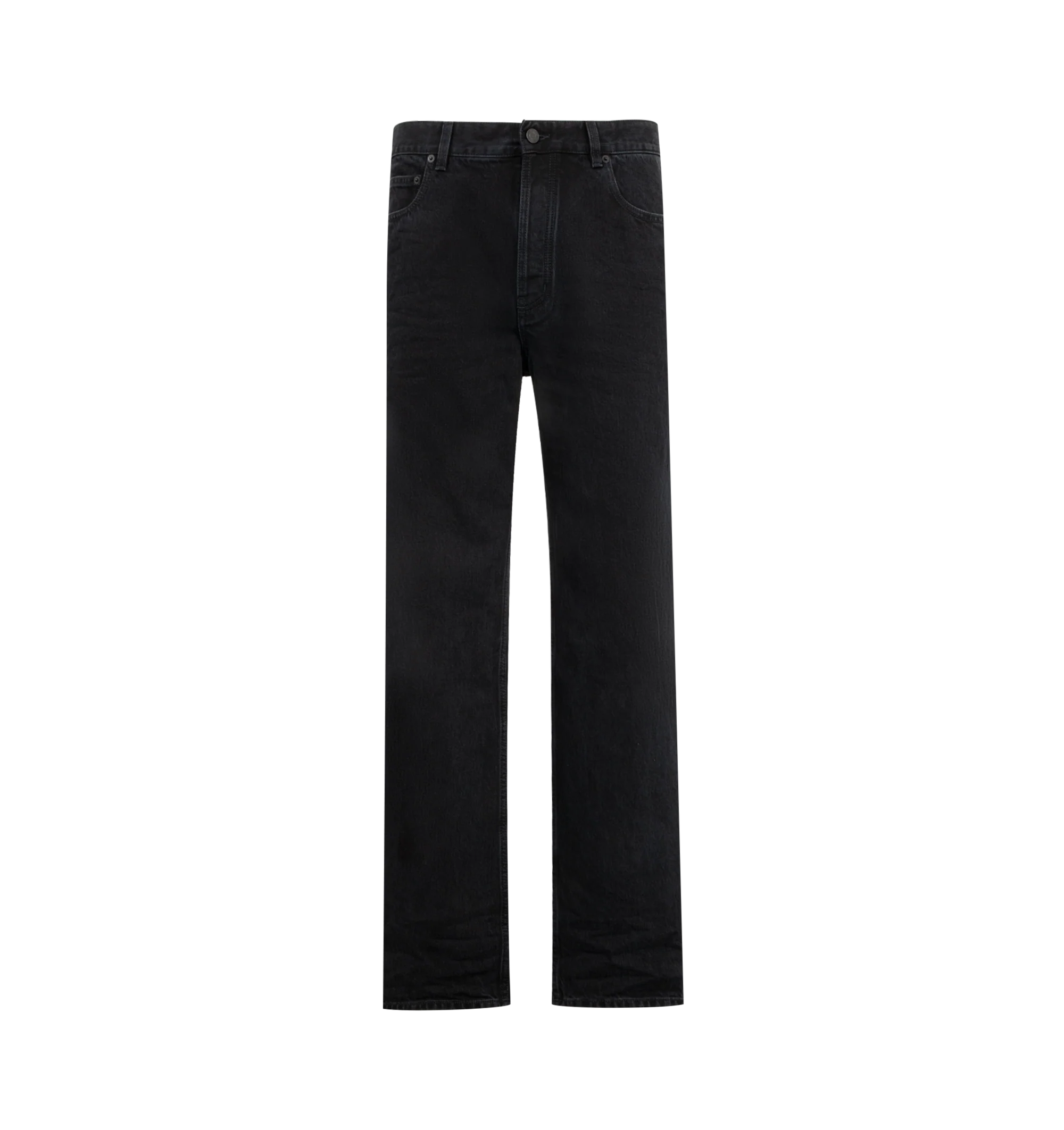 Image 1 of 3 - BLACK - Saint Laurent Men's Relax Tapered Jeans are crafted from pure cotton denim with a washed black finish that creates a naturally worn-in appearance and added depth of color. Designed with a relaxed fit that tapers toward the hem, these designer jeans feature classic five-pocket construction, belt loops, a front button closure, and a Saint Laurent Paris embossed leather logo patch at the back waistband. Main Material: 100% Cotton. Fit: Relaxed Tapered. Closure: Button Front. Pockets: Fiv