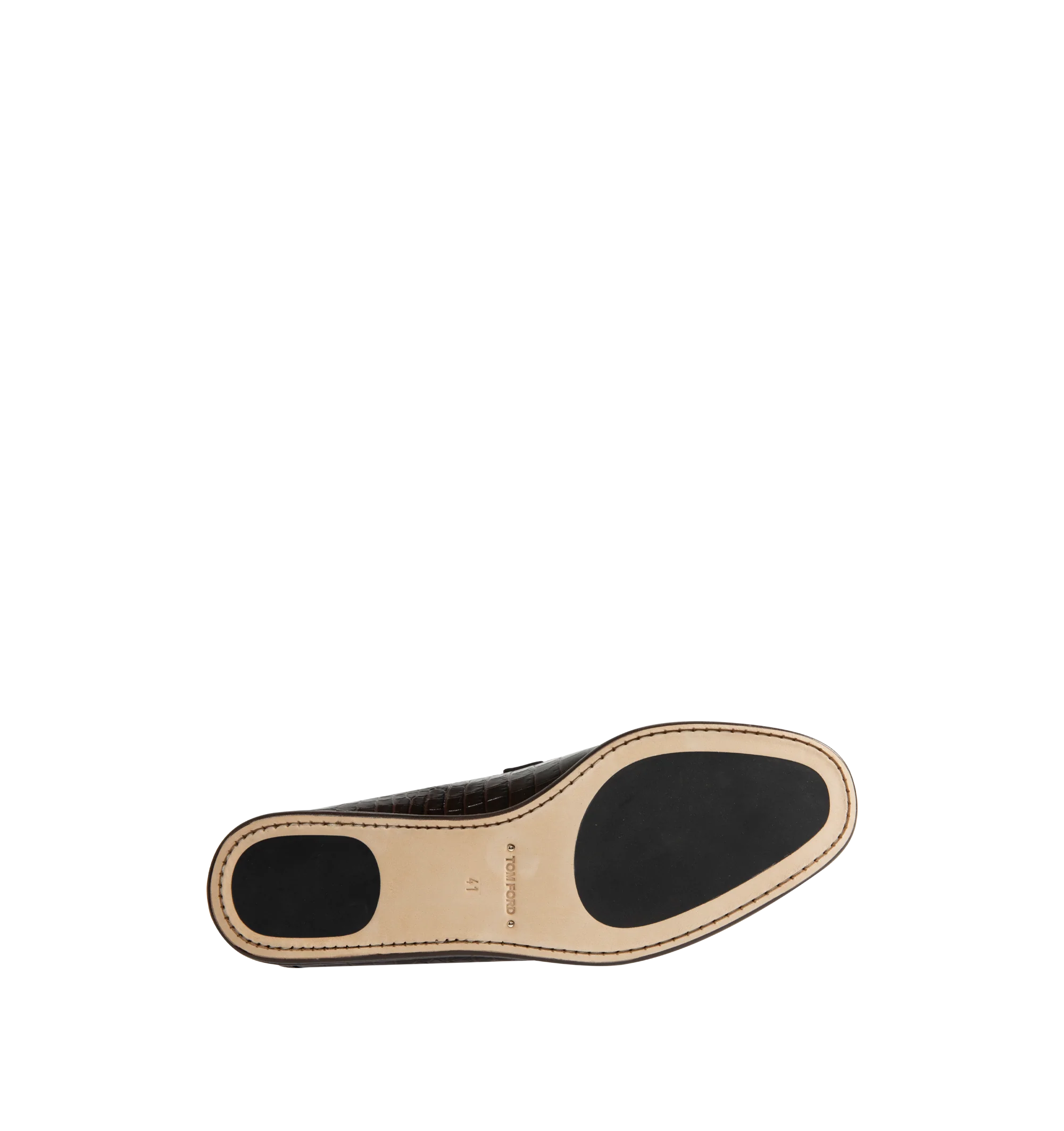 Image 4 of 5 - BROWN - Tom Ford Men's Soft Printed Alligator Sebastian Loafer is crafted from soft printed alligator-effect calf leather and features a distinctive twisted band detail. Designed as a soft loafer with a collapsible back, this versatile style can also be worn as a sabot. The refined silhouette is finished with a leather lining and a durable leather and rubber sole. Main Material: 100% Calf Leather. Lining: 75% Kid Leather, 25% Calf Leather. Sole: 70% Rubber, 30% Calf Leather. Made in Italy.