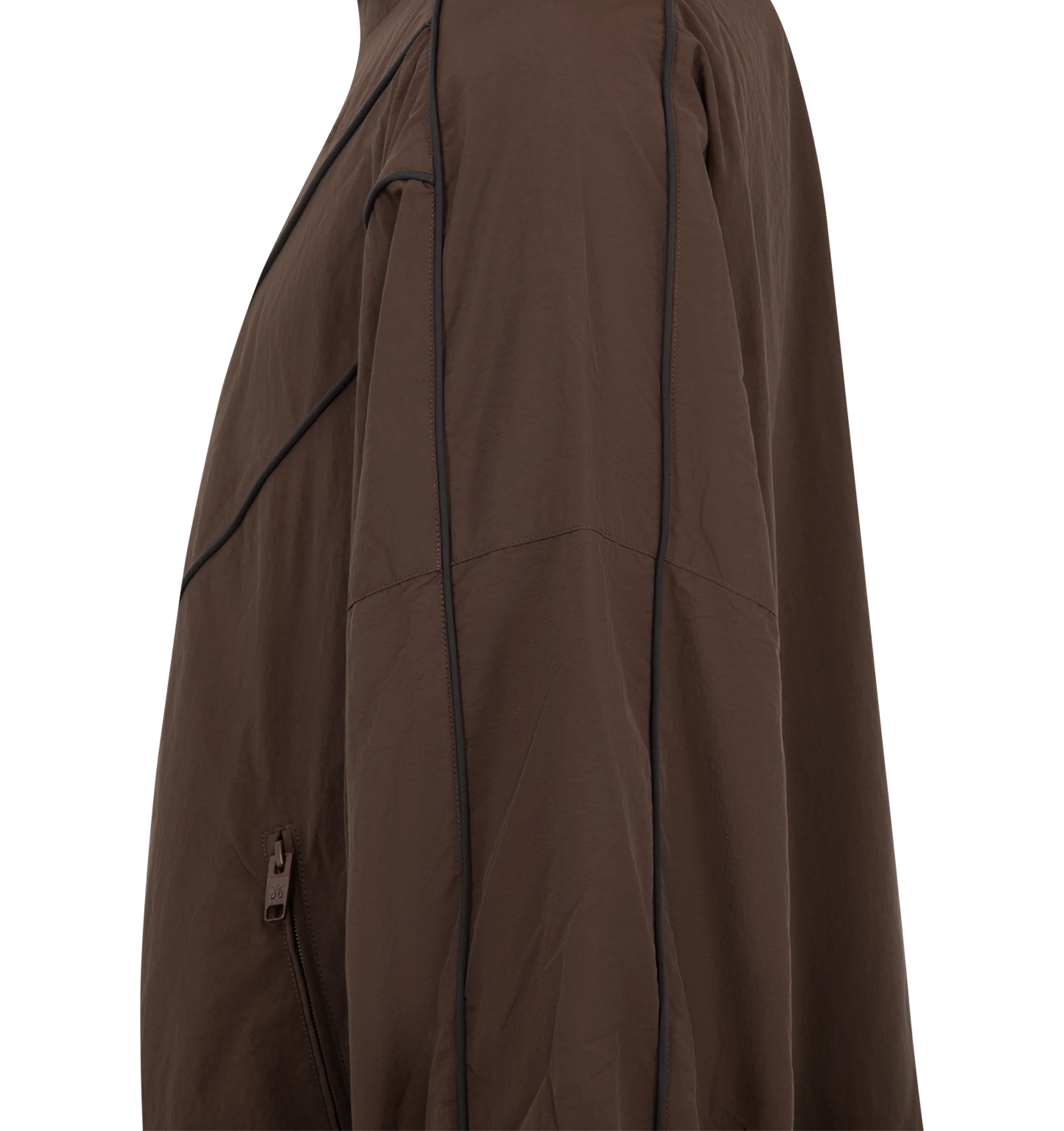 Image 3 of 3 - BROWN - Willy Chavarria Bad Boy Track Jacket is crafted from nylon and features a sleek, true-to-size silhouette defined by bold chevron paneling and contrast piping. Designed with a stand collar, front zip closure, two zippered pockets, stacked script logo detailing, and elasticized cuffs and hem. Main Material: 100% Nylon. Lining: Polyester. 