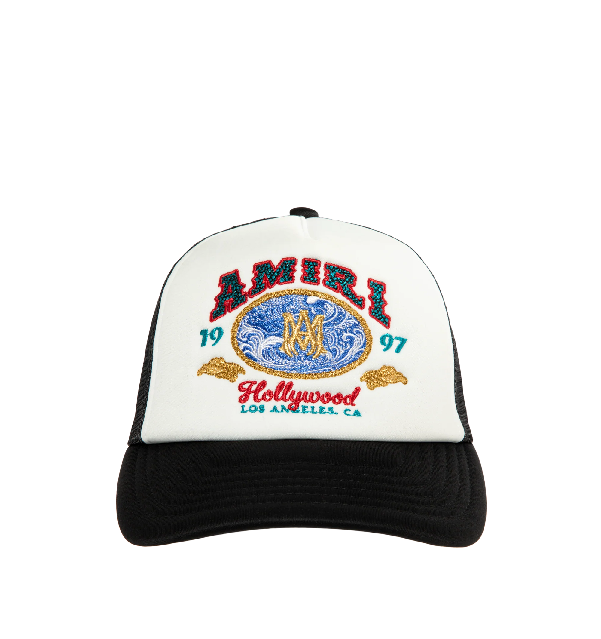 Image 1 of 2 - BLACK - Amiri Wave Foam Trucker Hat features a structured foam-front construction with signature graphic detailing for a bold, vintage-inspired finish. Designed with a breathable mesh back and adjustable snapback closure, this designer trucker hat combines classic Americana styling with AMIRI's signature Los Angeles streetwear aesthetic.