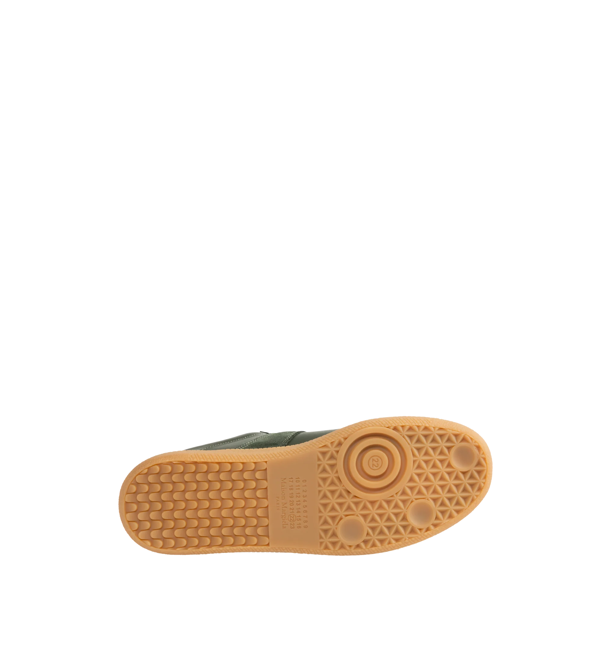 Image 4 of 5 - GREEN - Maison Margiela Men's High Quality Luxury Sneakers featuring lace-up sneakers in buffed nappa calfskin and calfskin suede, contrasting sole, Maison Margiela logo label on the tab, internal High Quality Luxury label, internal elastic and all-over Maison Margiela logo insole. 100% calf leather. Sole: 100% rubber. Made in Italy.