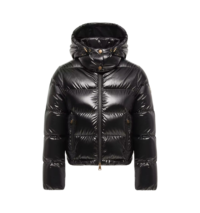 Image 1 of 1 - BLACK - Moncler Womens Niveole Short Down Jacket is a lightweight design offering warmth with a cropped silhouette. Crafted from glossy nylon laqu with contrast lining, this down-filled style delivers a sleek finish with signature shine. Features detachable adjustable hood, two-way zipper front closure, zip pockets, long sleeves, and embroidered logo patch on the sleeve. Exterior: 100% Polyamide / Nylon; Lining: 100% Polyamide / Nylon; Padding: Down, Feather. Made in Romania.