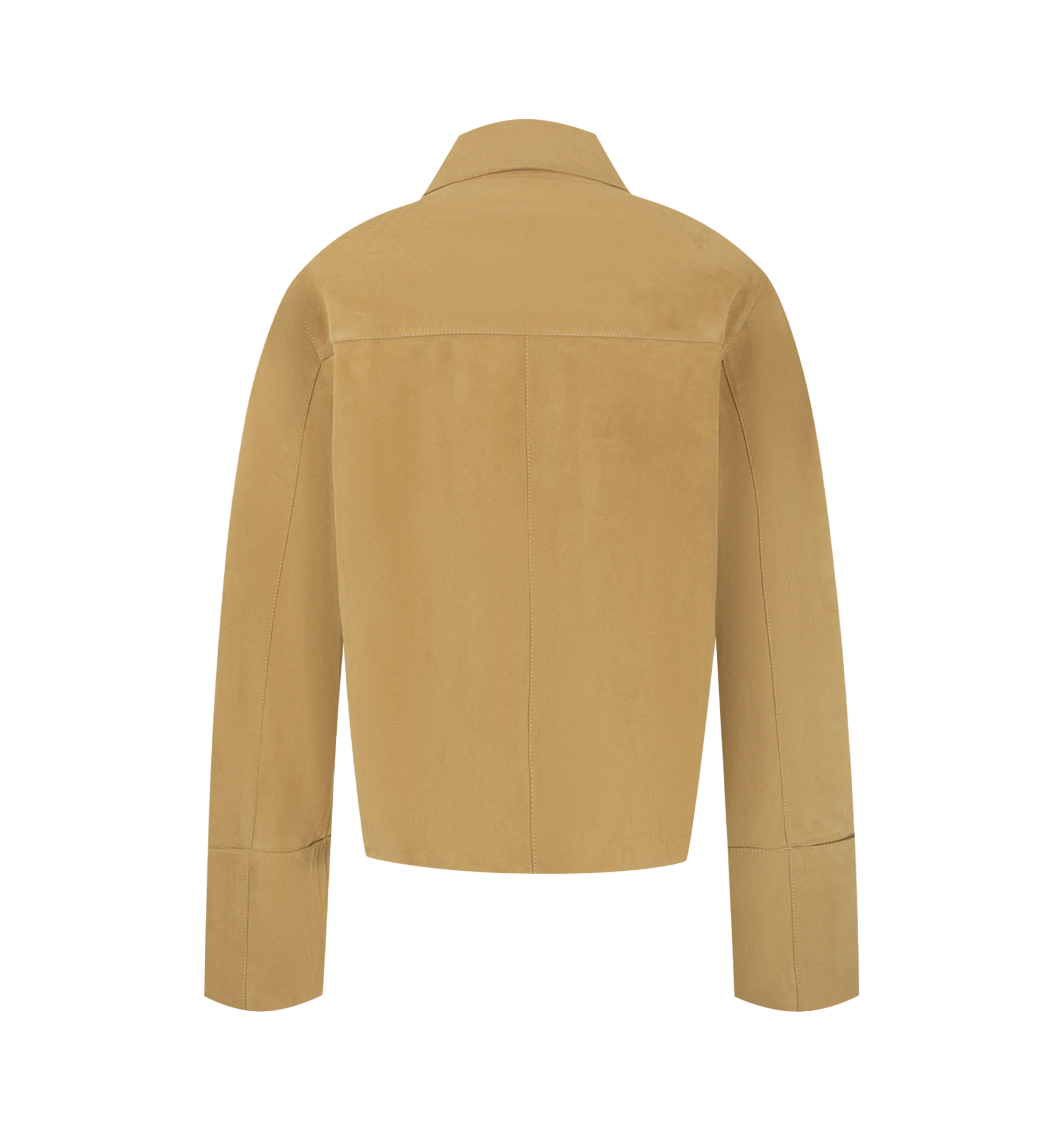 Image 2 of 3 - NEUTRAL - Loewe Women's suede lambskin and features a classic collar, front button closure, patch pockets, and turn-up cuff sleeves in a regular-fit silhouette. This designer suede jacket combines supple lambskin construction with timeless tailoring for elevated everyday layering. Main Material: Suede Lambskin. Made in Spain.