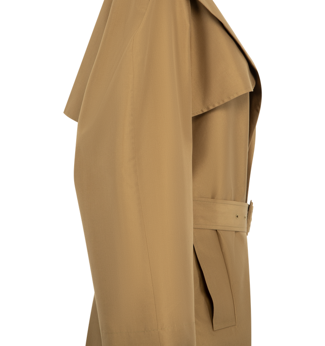 Image 3 of 3 - BROWN - THE ROW Amapola Coat featuring calf-length trench coat in silk with notch collar, slant welt pockets and removable buckle belt with open front. 100% silk. Made in Italy.