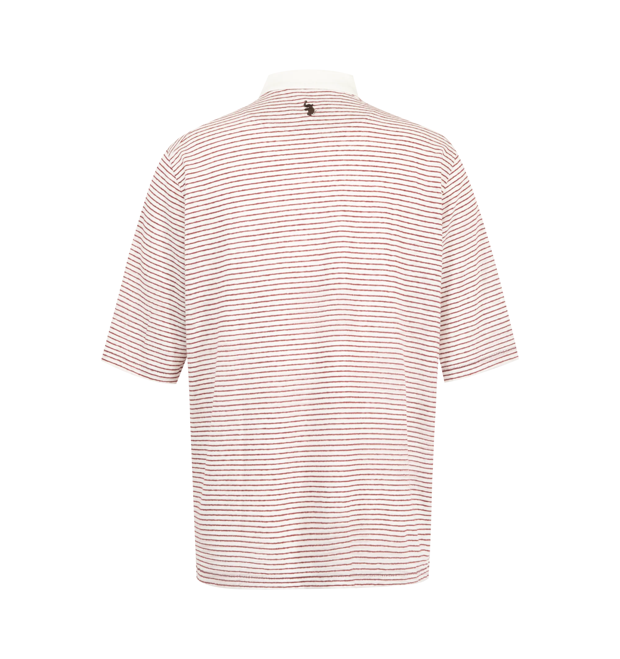 Image 2 of 2 - RED - Wales Bonner Men's Bask Striped Linen and Cotton Polo Shirt is crafted from a lightweight linen and cotton blend and features an allover striped motif with a contrasting white polo collar. Designed in a relaxed silhouette, this short-sleeve polo showcases the houses distinctive approach to color and texture while maintaining a refined casual feel. Main Material: 88% Linen, 12% Cotton. Details: 100% Cotton. Collar: Polo Collar. Sleeves: Short Sleeves. Fit: Loose Fit. Made in Portugal. 