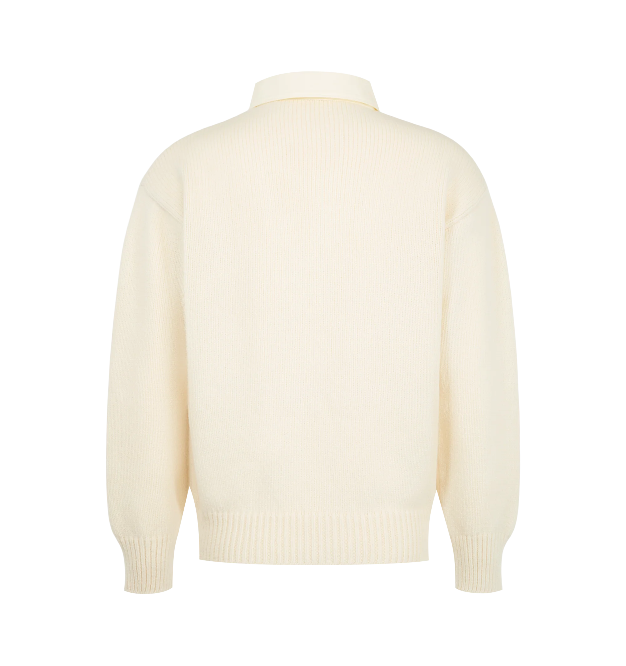 Image 2 of 2 - CREAM - Loewe men's wool sweater crafted from medium-weight wool in a jersey stitch knit. The design features a poplin buttoned polo collar, a regular fit and length, ribbed cuffs and hem, and the signature Double L embroidery at the chest for a refined finish. Material: 100% wool. Made in Italy. 