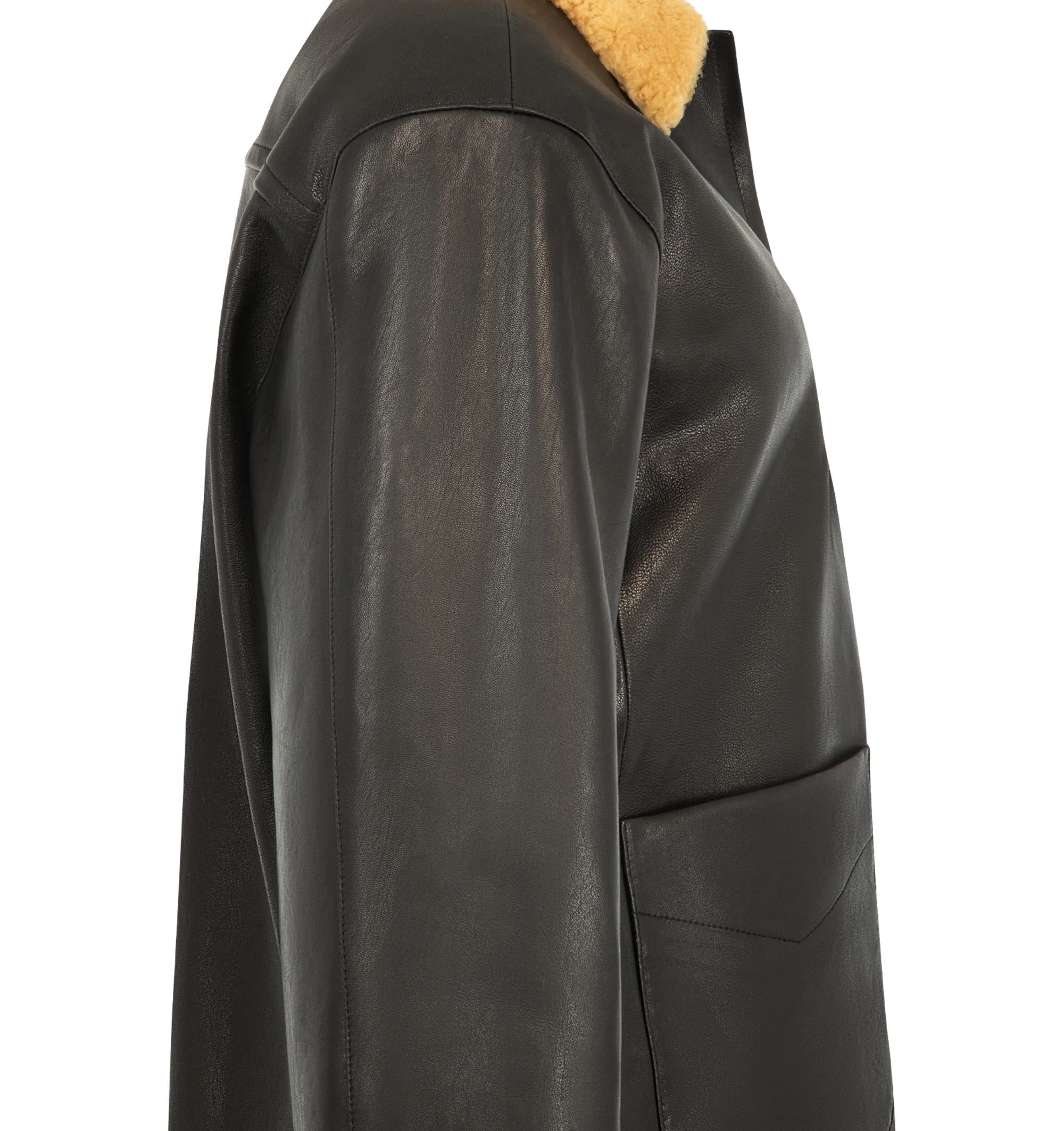 Image 3 of 3 - BLACK - Khaite Women's Wilson Caban Jacket is crafted from robust grained nappa lambskin and features a relaxed caban silhouette inspired by classic workwear. Designed with a curly lambskin shearling collar, button-front closure, graphic stitching, back yoke, quilted lining, duck down insulation, and oversized patch pockets for added functionality. Main Material: 100% Lambskin. Made in Italy.