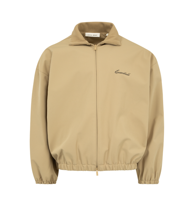 Image 1 of 3 - BROWN - FEAR OF GOD ESSENTIALS Signature Full Zip Track Jacket featuring stretch nylon taffeta, rib-knit stand collar, zip closure, logo embroidered at chest, seam pockets at waist, elasticized hem and cuffs, rubberized logo patch at back collar and full mesh lining. 90% nylon, 10% spandex.