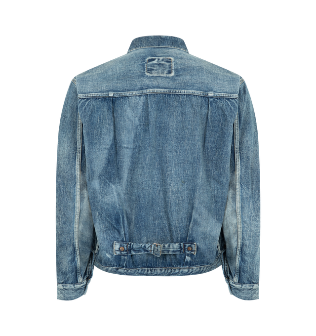 Image 2 of 3 - BLUE - FULLCOUNT WWII Model 11.5oz Denim Jacket HW Master Of Reality featuring button front closure, buttoned cuffs, adjustable back tab, chest pocket, collar, relaxed fit and contrast stitching. 100% cotton.