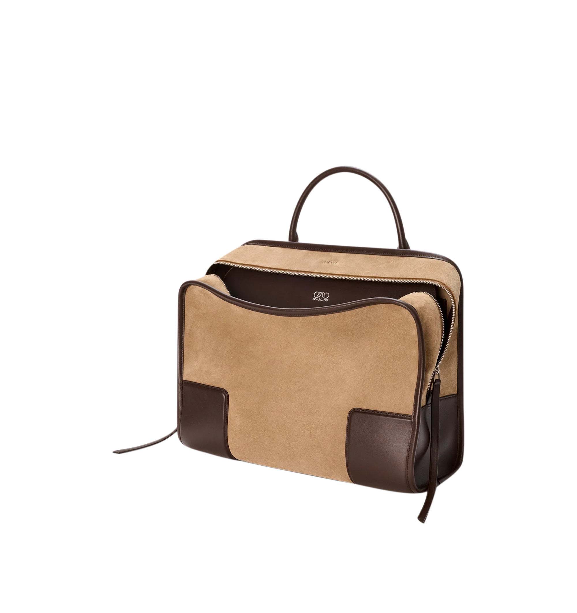 Image 5 of 16 - BROWN - Loewe Mens Amazona 180 XL Bag is crafted from suede with soft calfskin details. Features a relaxed silhouette, single toron top handle, removable shoulder handle, adjustable crossbody strap, zip closure with two leather pullers, two compartments with concealed magnetic closure, interior flat pocket, side D-ring, suede and nappa lambskin lining, palladium-tone hardware, and embossed LOEWE and Double L branding. Dimensions: 40 31 16 cm; Strap Length: 105133 cm; Strap Drop: 4761 cm; H