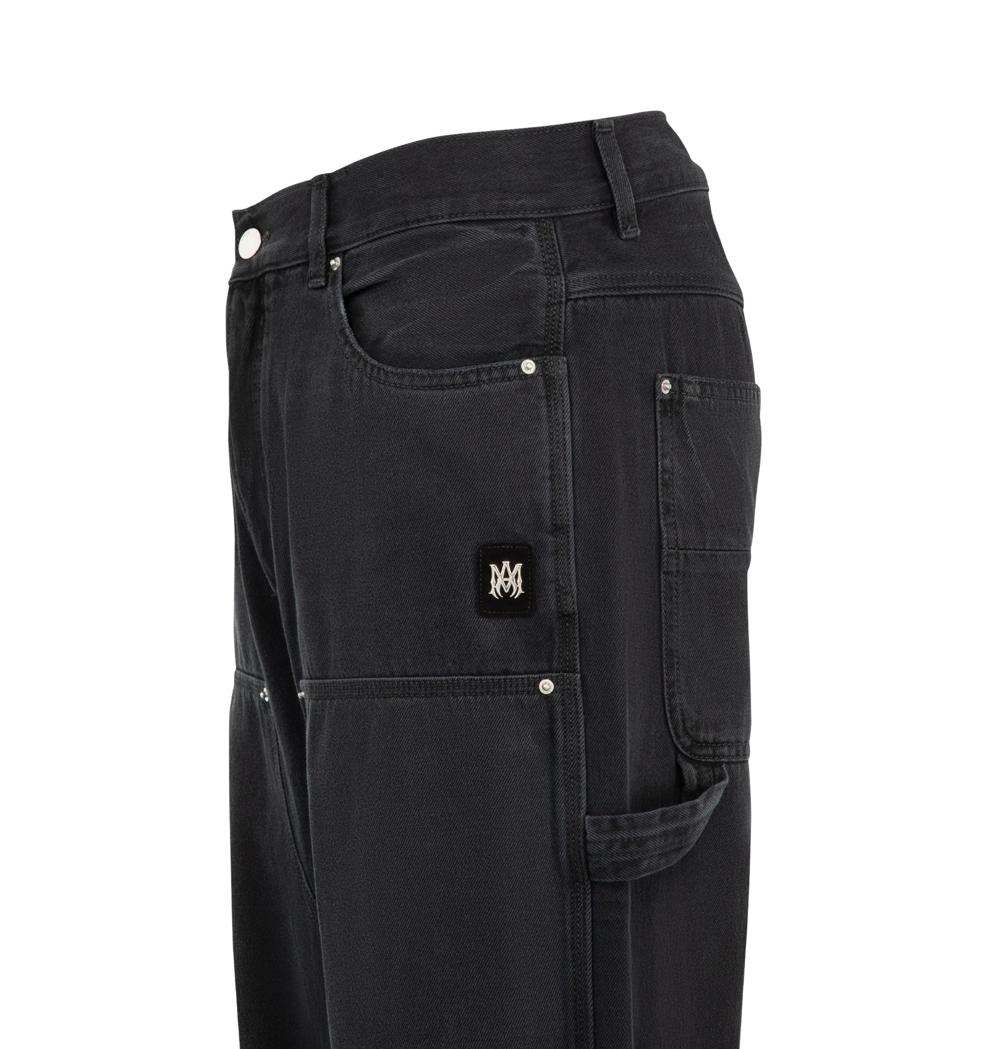 Image 4 of 4 - BLACK - Amiri Mens Lightweight Cotton Carpenter Jeans are crafted from cotton denim with lived-in washed and riveted front patches. Features a classic five-pocket construction, front patch panels, carpenter hammer loop, and zip-fly with button closure. Main Material: 100% Cotton. Made in Italy.