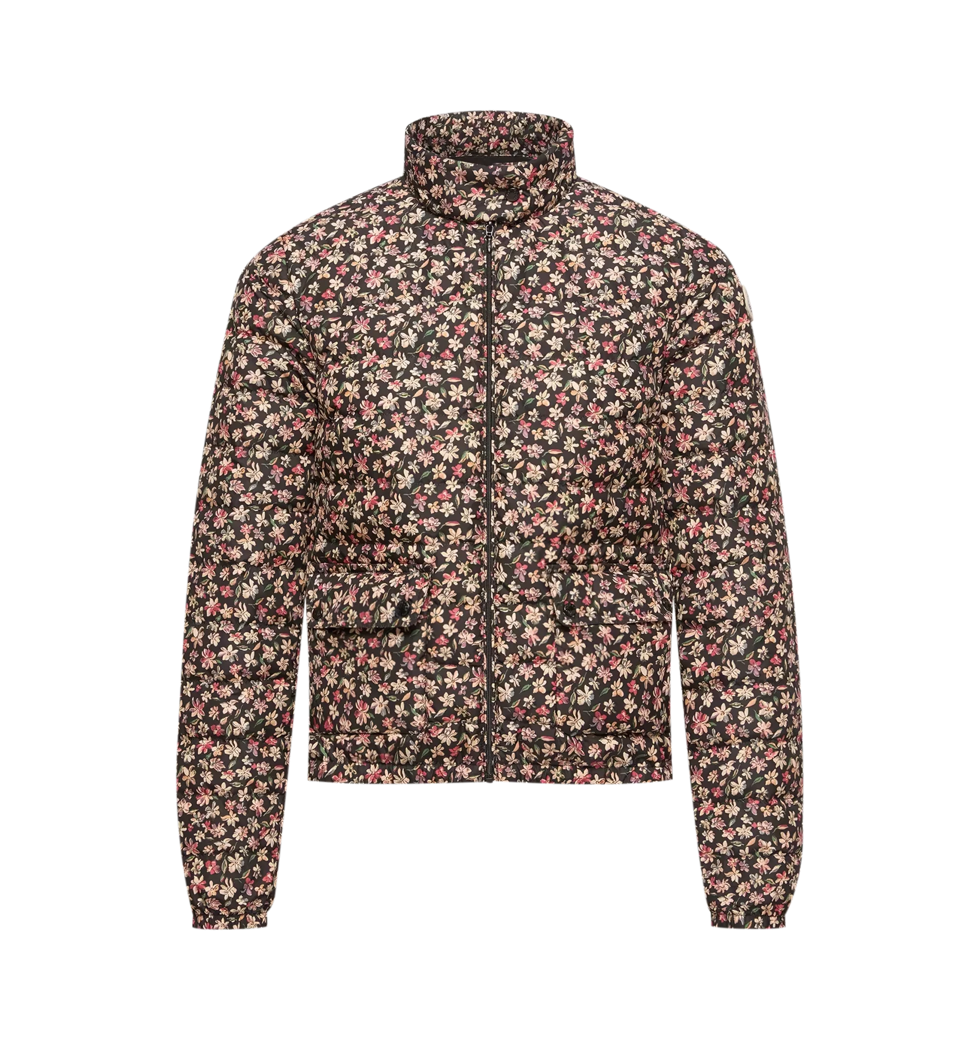 Image 1 of 1 - MULTI - Moncler Women's Florlans Packable Down Jacket is crafted from water-repellent polyester with a floral motif and features a lightweight, packable construction designed for versatile layering. Cut in a slim fit, this designer down jacket features a collar, long sleeves, snap-button pockets, Longue Saison lining, down-filled insulation, and a signature Moncler logo patch. Exterior: 100% Polyester. Lining: 100% Polyamide/Nylon. Padding: 90% Down, 10% Feather. Fit: Slim. Length: 53 cm. Mad