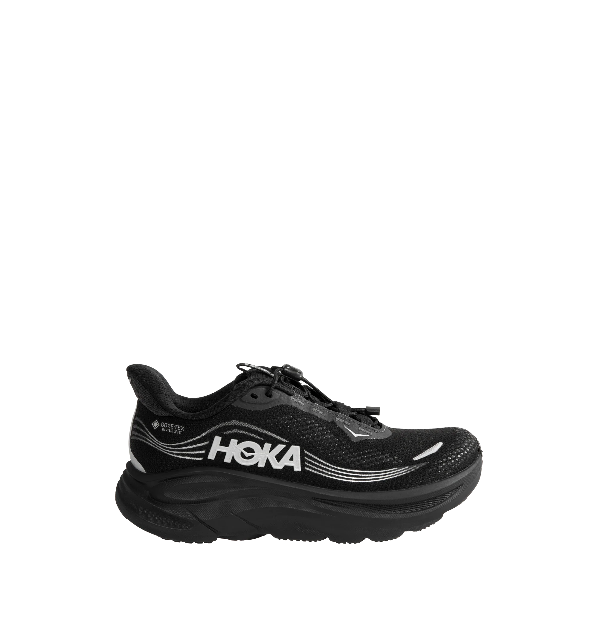 Image 1 of 5 - BLACK - Hoka Men's Clifton 11 GTX Running Sneakers feature a closed-mesh upper with a GORE-TEX Invisible Fit membrane and PFC-free water-repellent treatment. An adjustable speed-lace system with toggle, reflective details, a compression-molded EVA midsole, and a Durabrasion rubber outsole with forefoot traction pods complete the weather-ready design. Upper: Mesh with GORE-TEX Membrane. Midsole: EVA Foam. Sole: Rubber. Heel-to-Toe Drop: 8 mm.