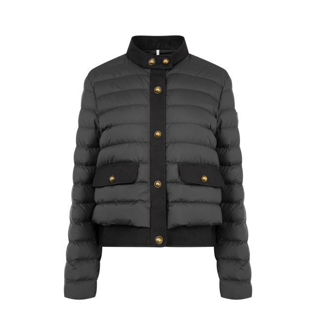 Image 1 of 3 - BLACK - MONCLER Juju Cotton Linen-Trimmed Short Down Jacket featuring polyester lining, cotton and linen blend twill trim, down-filled, snap button closure, pockets with snap button closure and leather logo patch. 100% polyester. 54% cotton, 46% flax/linen. Padding: 90% down, 10% feather.