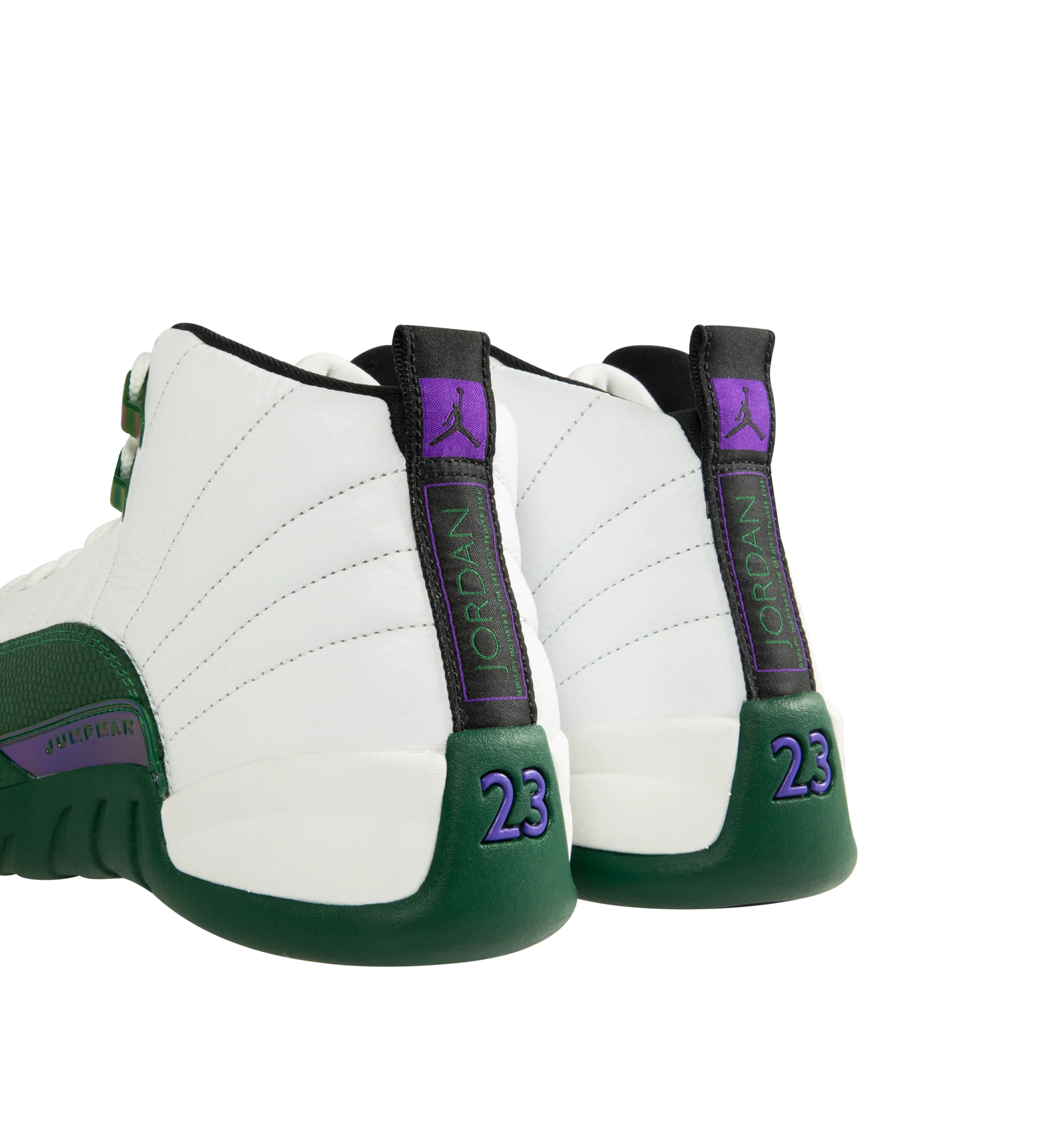 Image 3 of 5 - GREEN - Air Jordan 12 Retro 'Bucks' Sneakers are crafted from premium leather and feature a Summit White upper with sunrise-inspired stitch lines and Gorge Green overlays inspired by early-2000s player exclusives. Designed with a classic basketball silhouette, they are finished with Jumpman branding, Air Zoom cushioning, and a durable rubber outsole for comfort and performance. Main Material: Leather. Cushioning: Full-length Air Zoom. Sole: Rubber. Made for men.