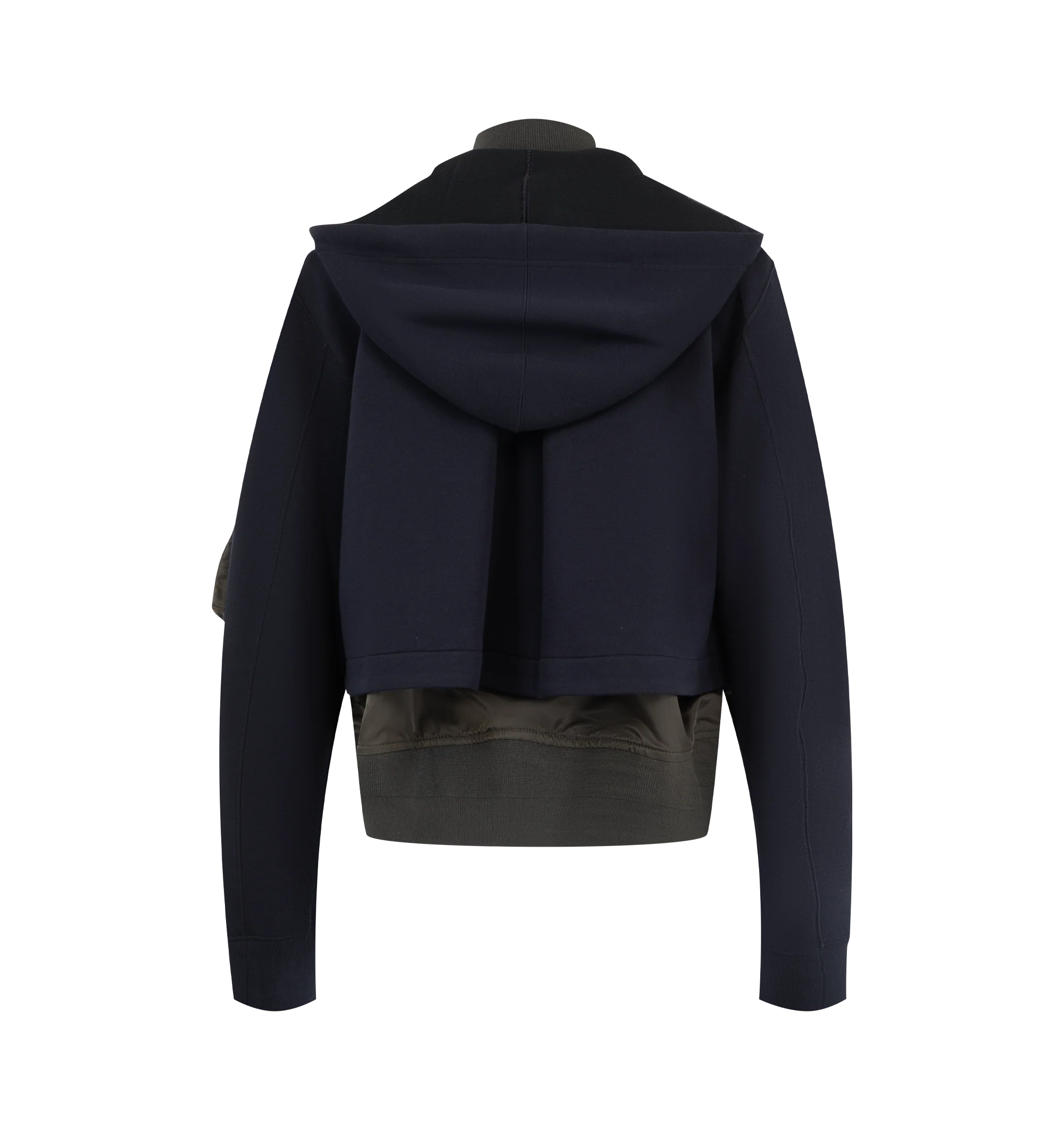 Image 2 of 4 - NAVY - Sacai sponge sweat hoodie with signature layered construction, double collar, zip-front closure, drawstring hood and rib-knit stand collar. Outer material is 62% cotton / 38% polyester with 100% nylon twill panels and 100% polyester lining and filling.