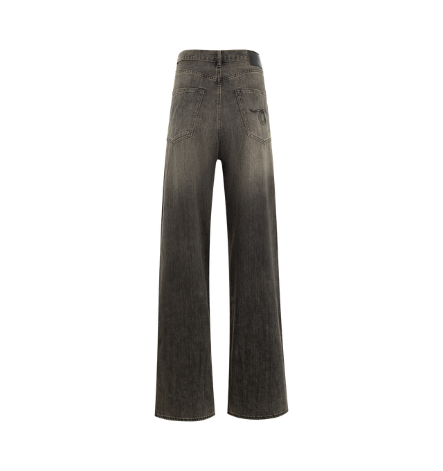 Image 2 of 3 - BLACK - R13 Damon Pleated Wide Leg Jean featuring zip fly with button closure, 5-pocket design, pleated fabric details at waist, whiskering along front and heavily faded and lightly distressed throughout. 100% cotton. Made in Italy.
