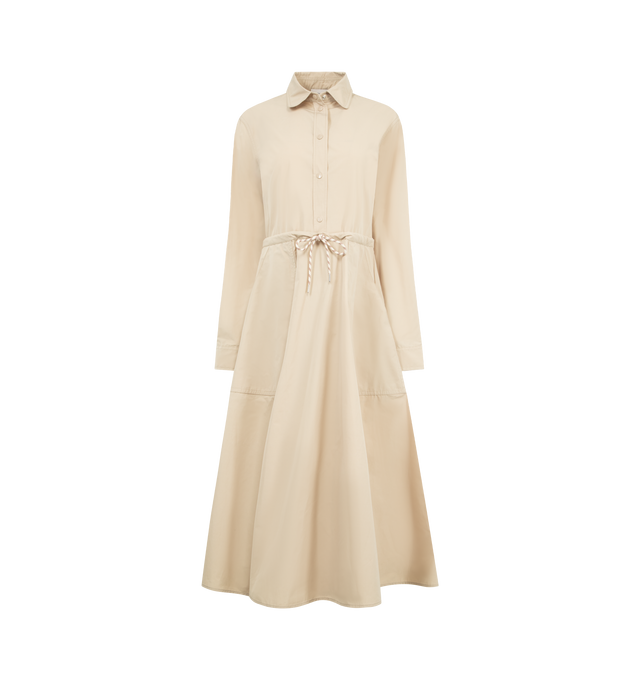 Image 1 of 2 - BROWN - MONCLER Poplin Midi Shirt Dress featuring technical poplin, collar, zipper and button closure, patch pockets, waistband with drawstring fastening and adjustable cuffs. 63% polyester, 37% cotton. Made in Hungary.